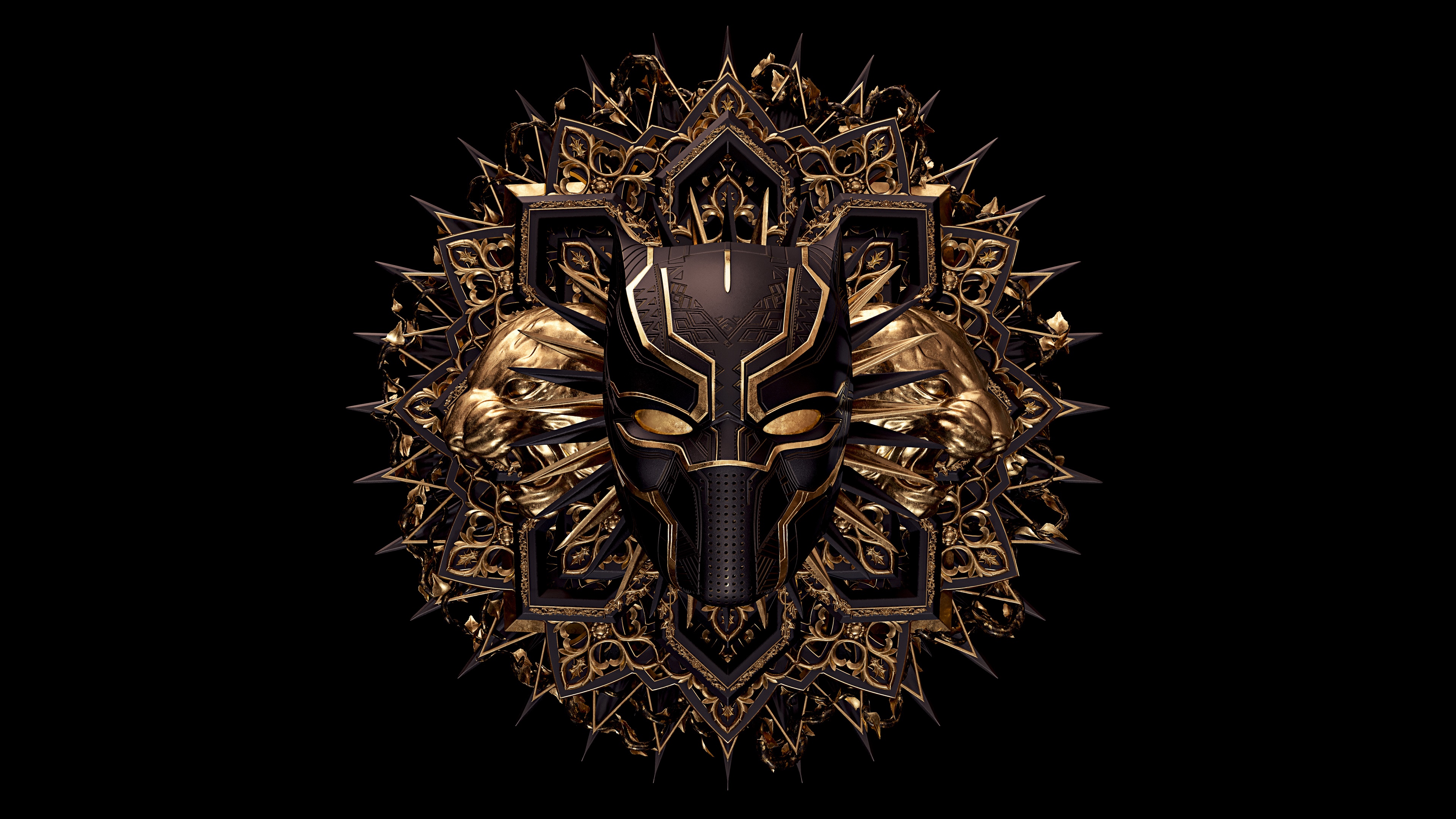4K Black Panther Mask with Gold Ornamentation HD Wallpaper