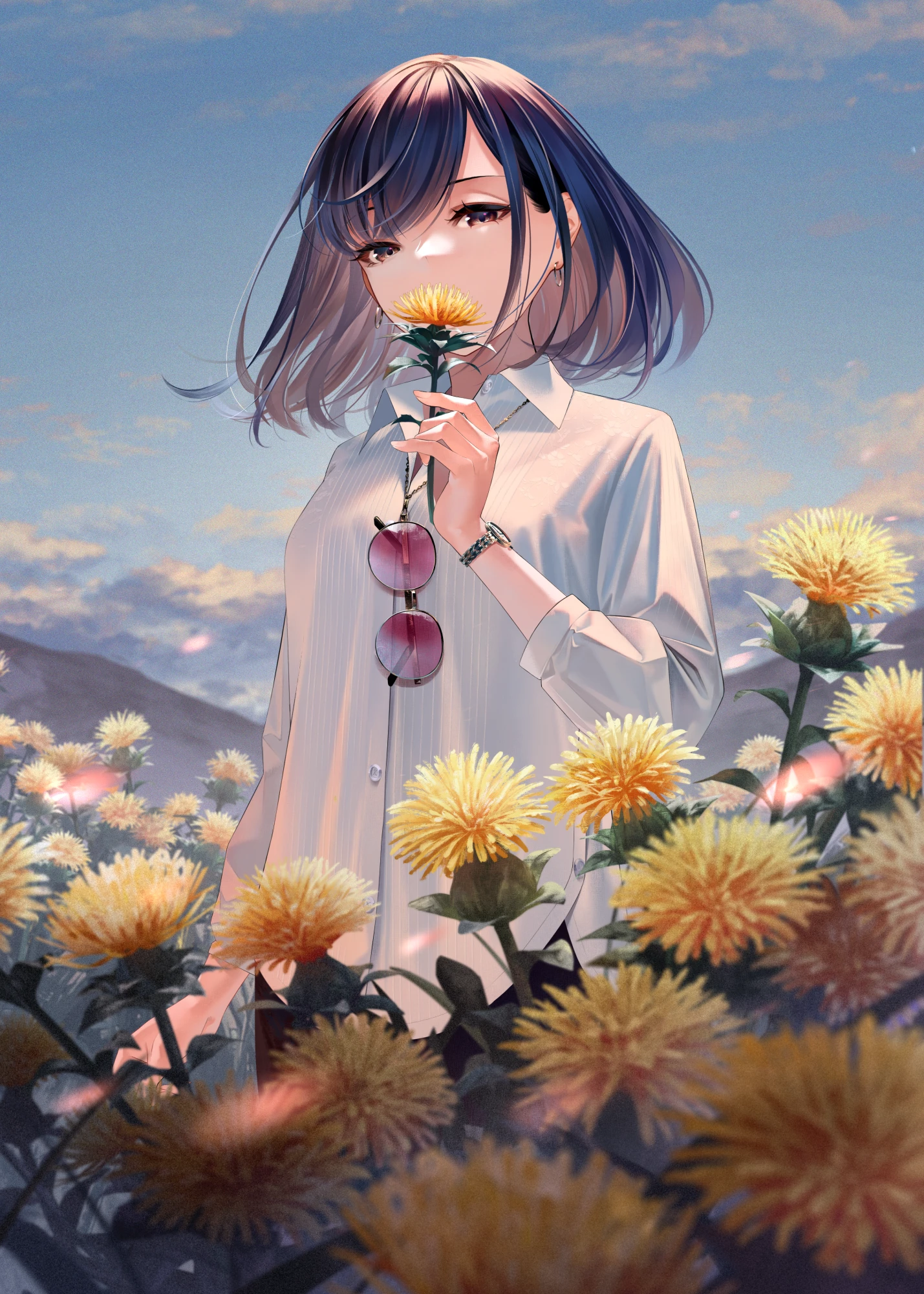Anime girl smelling a flower in a field of dandelions HD Phone Wallpaper