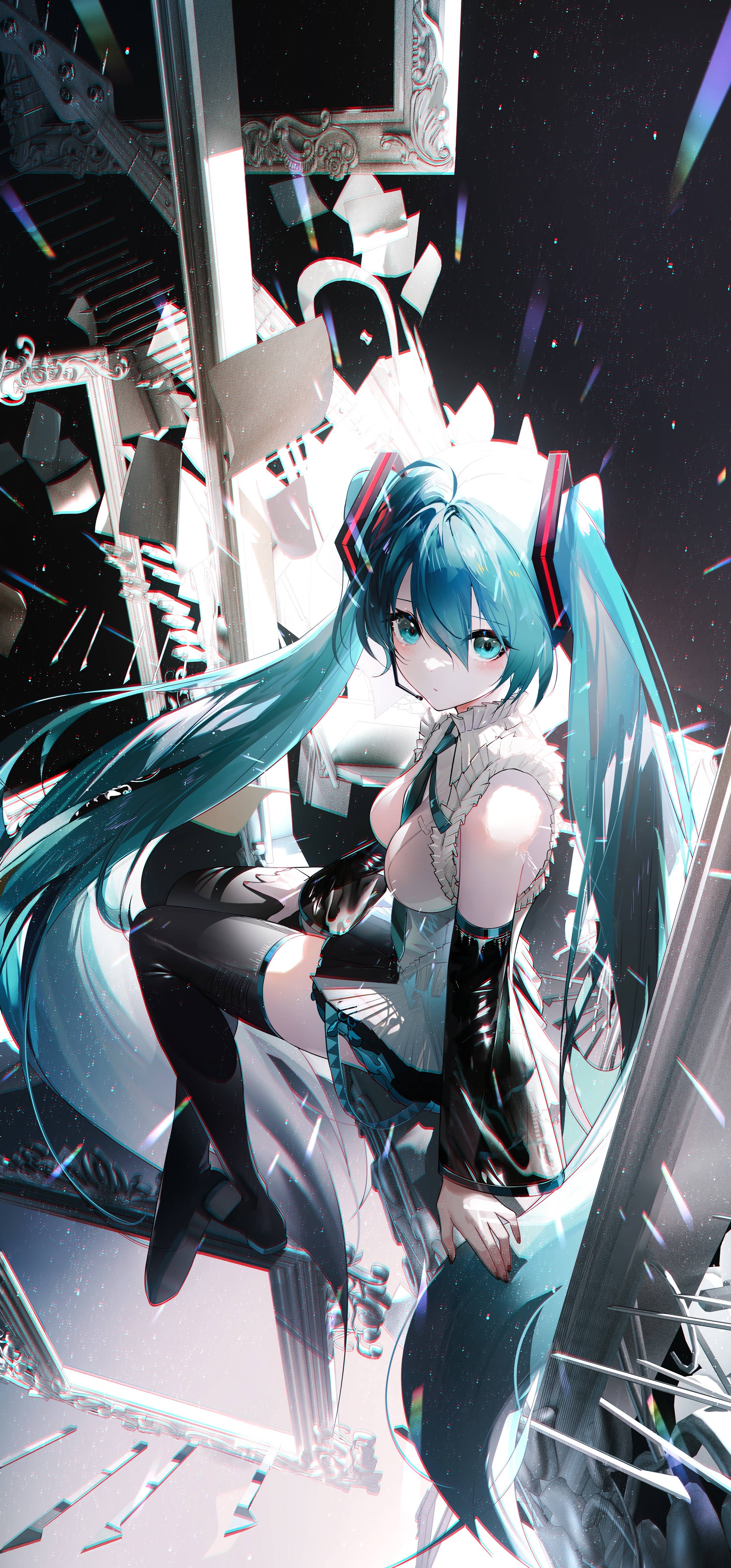 Hatsune Miku in a shattered, abstract environment HD Phone Wallpaper