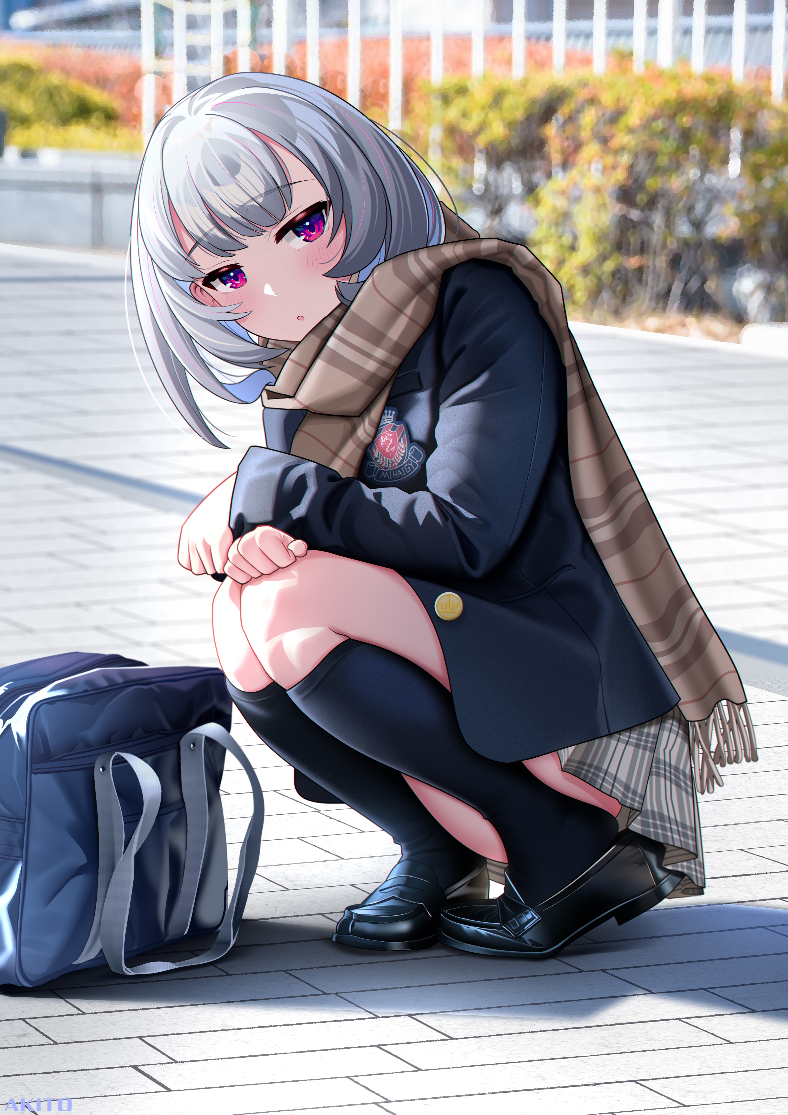 skirt squatting blushing thigh high socks school uniform HD Phone Wallpaper