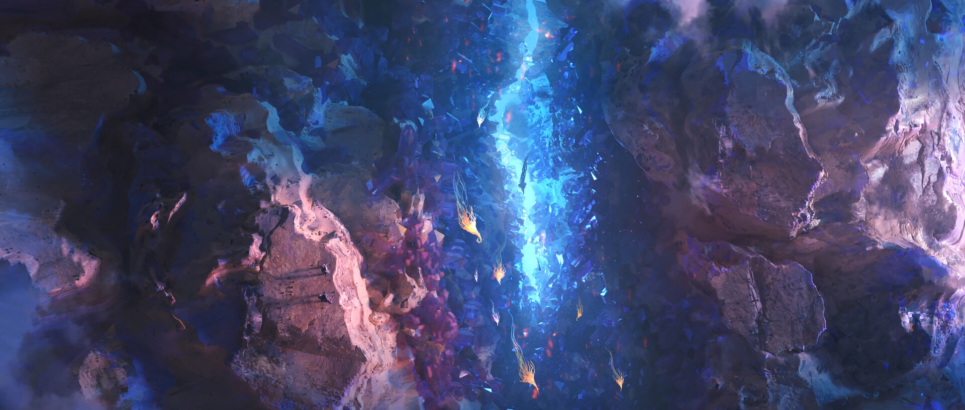 Abstract artwork of a glowing blue and purple cavern. HD Wallpaper