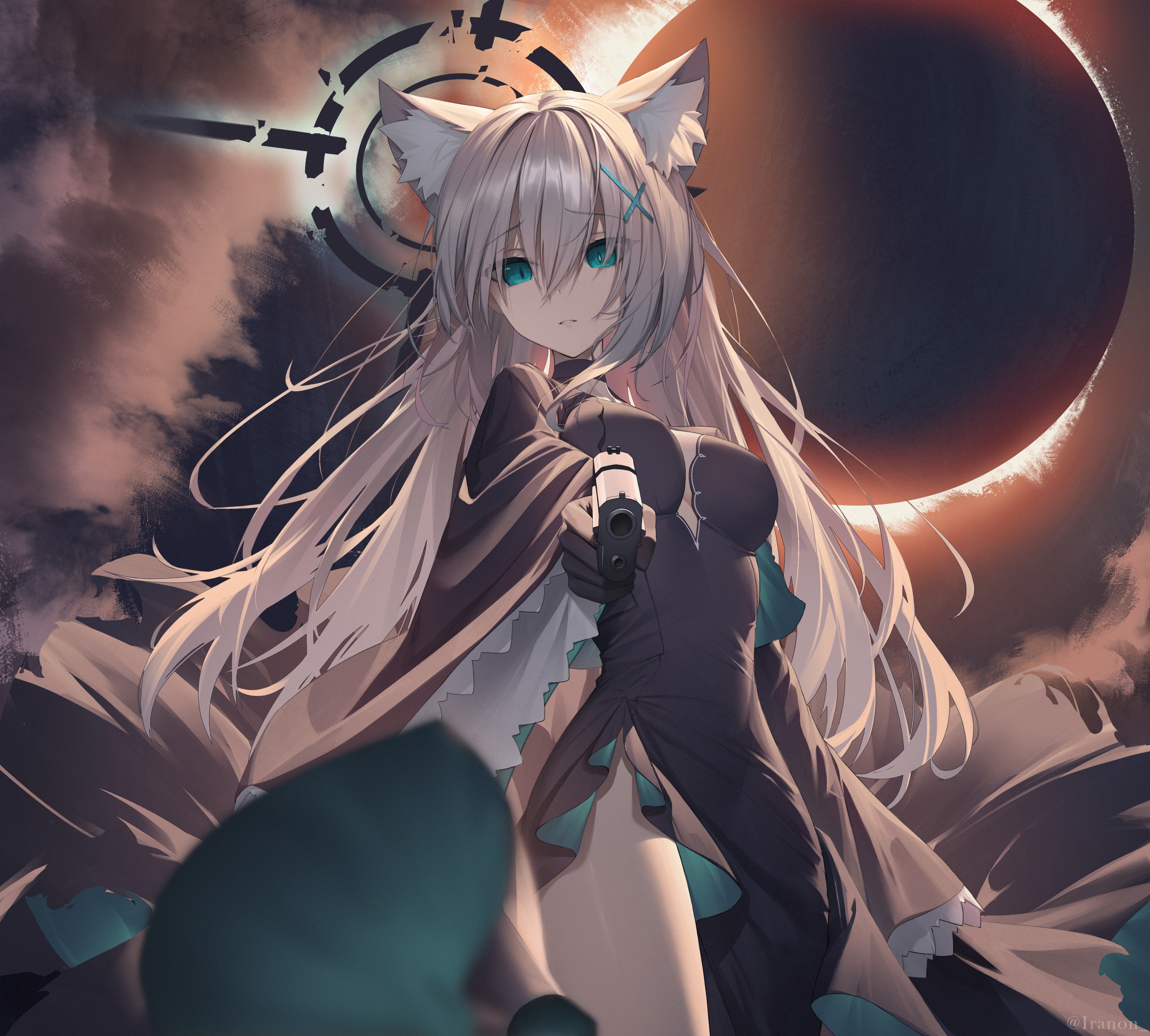 Shiroko from Blue Archive holding a gun during an eclipse HD Wallpaper