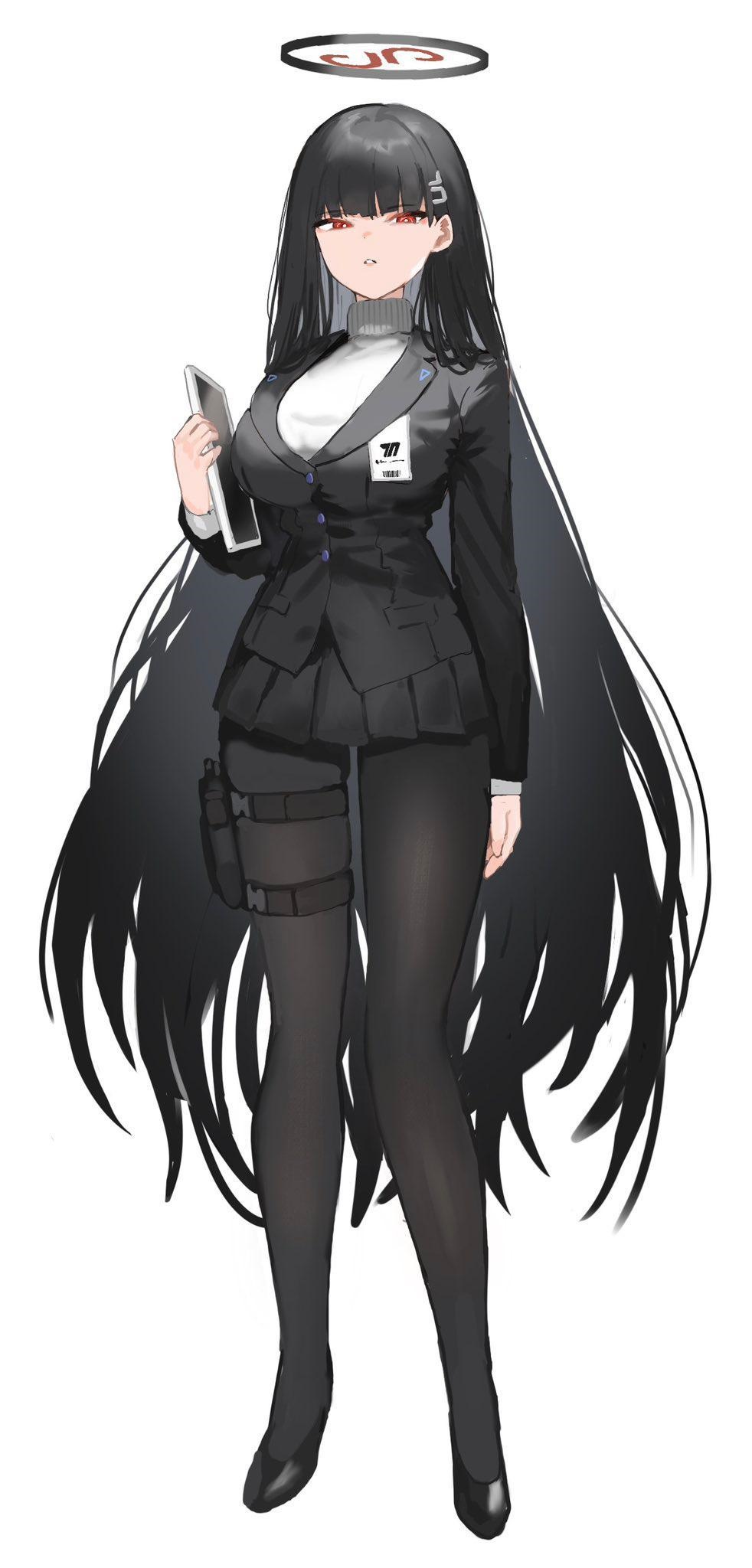 Blue Archive character in a black suit and skirt HD Phone Wallpaper