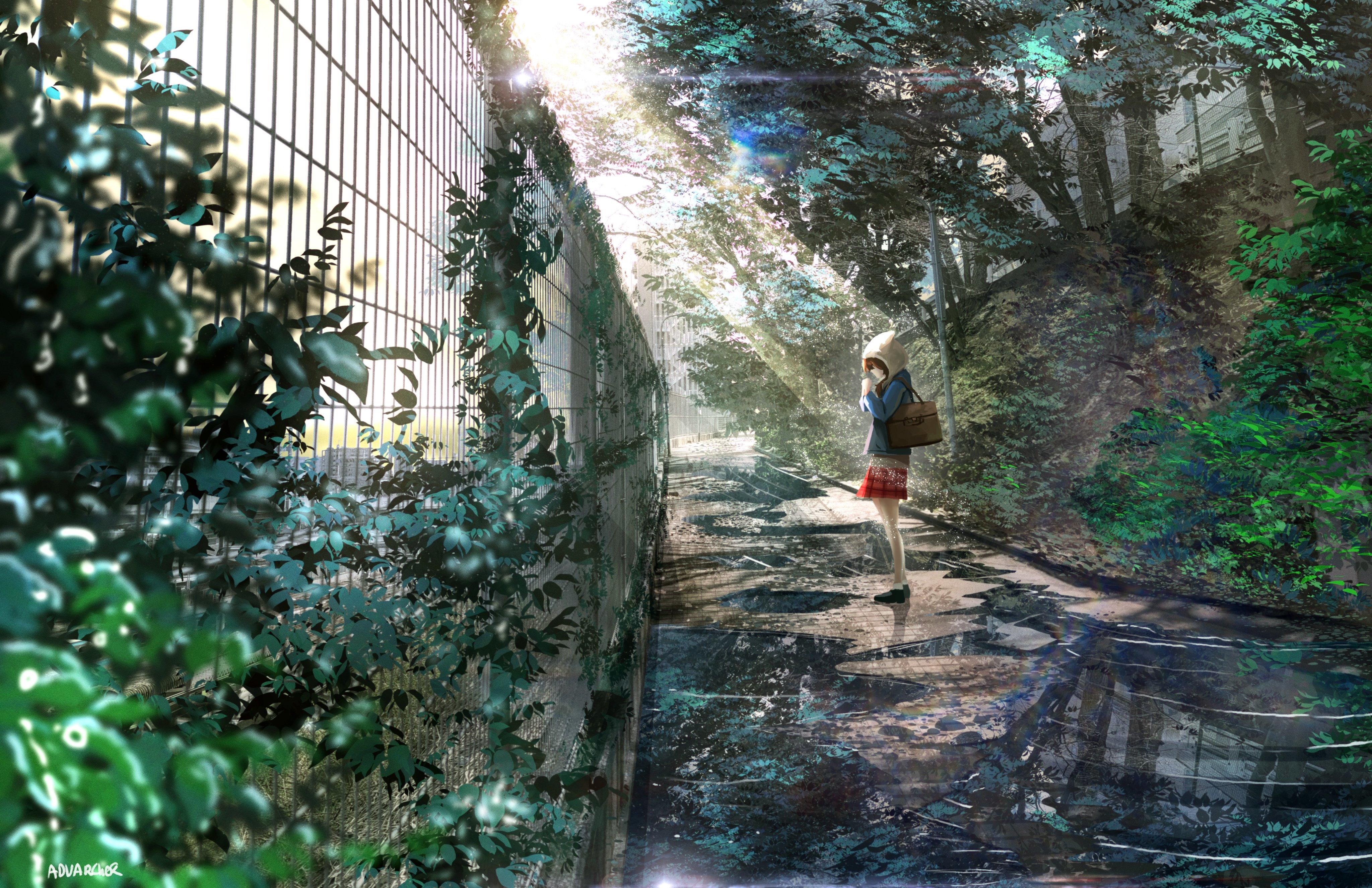 Schoolgirl with bag and puddle in sunlight HD Wallpaper