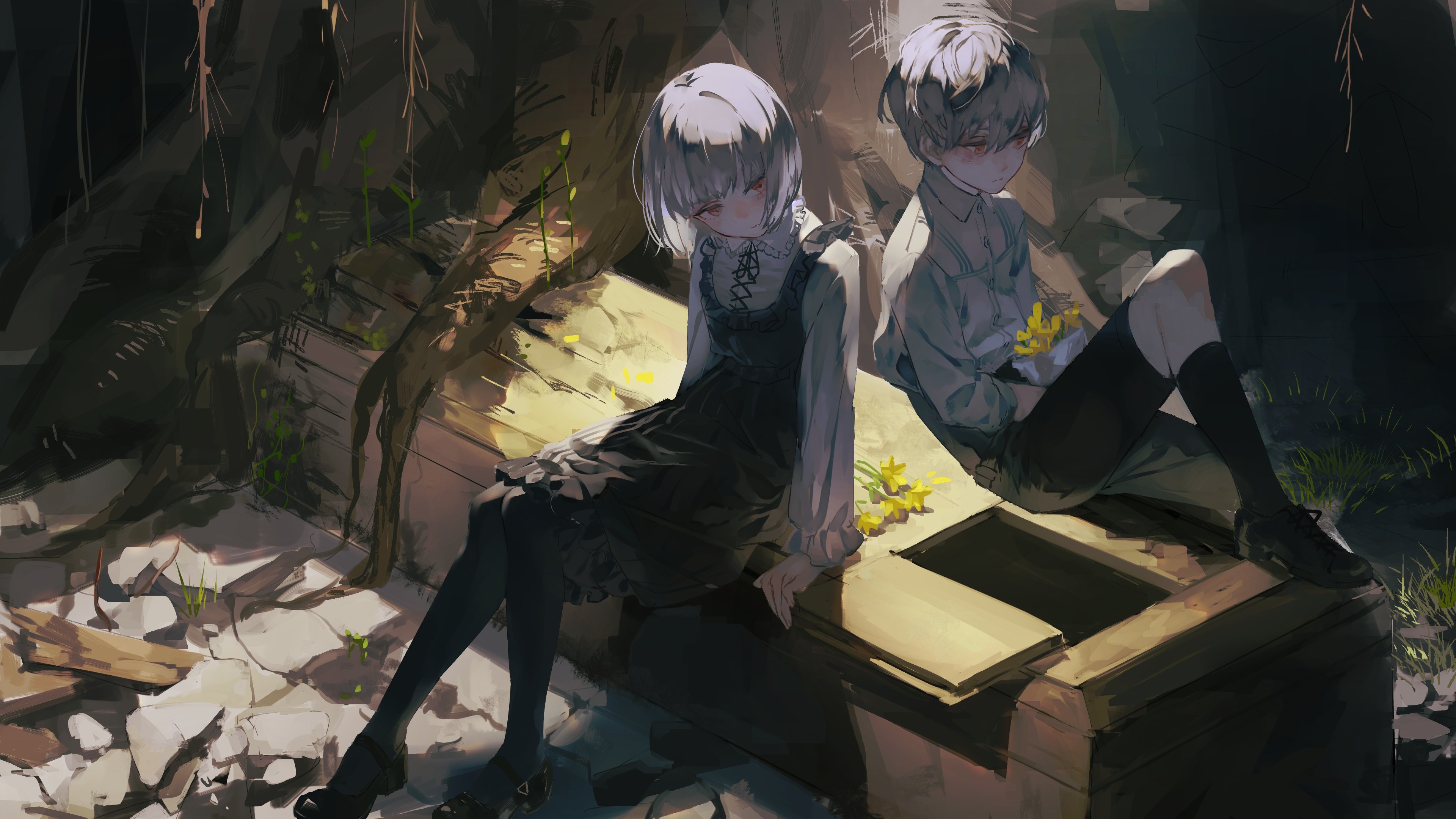 Anime children with red eyes and flowers HD Wallpaper