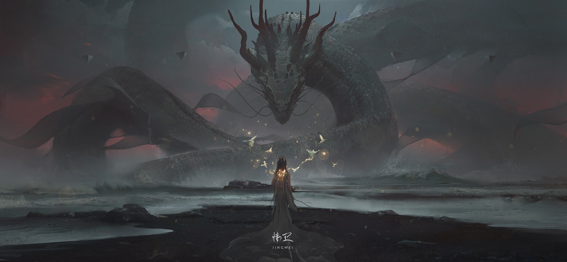 Jingwei and a Chinese Dragon on a Misty Coast HD Wallpaper
