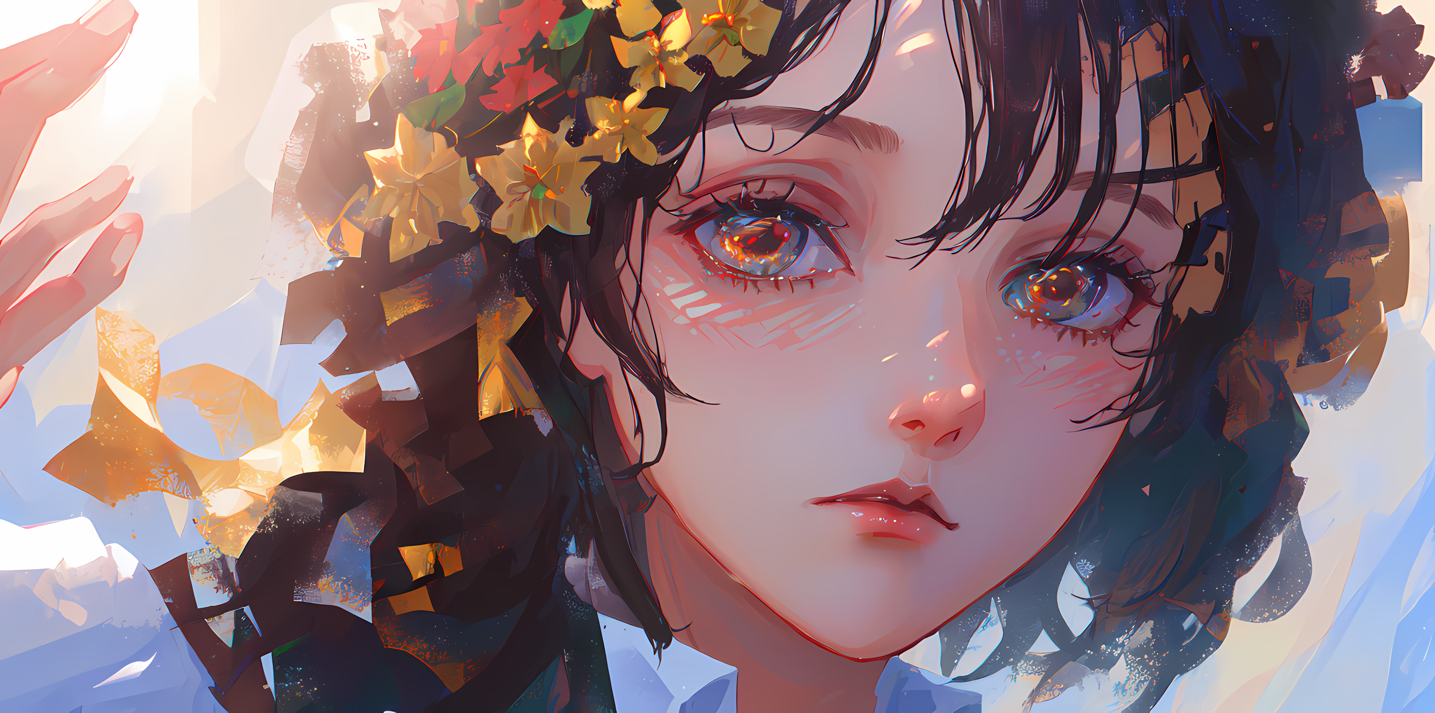 4K anime girl with flowers in her hair HD Wallpaper