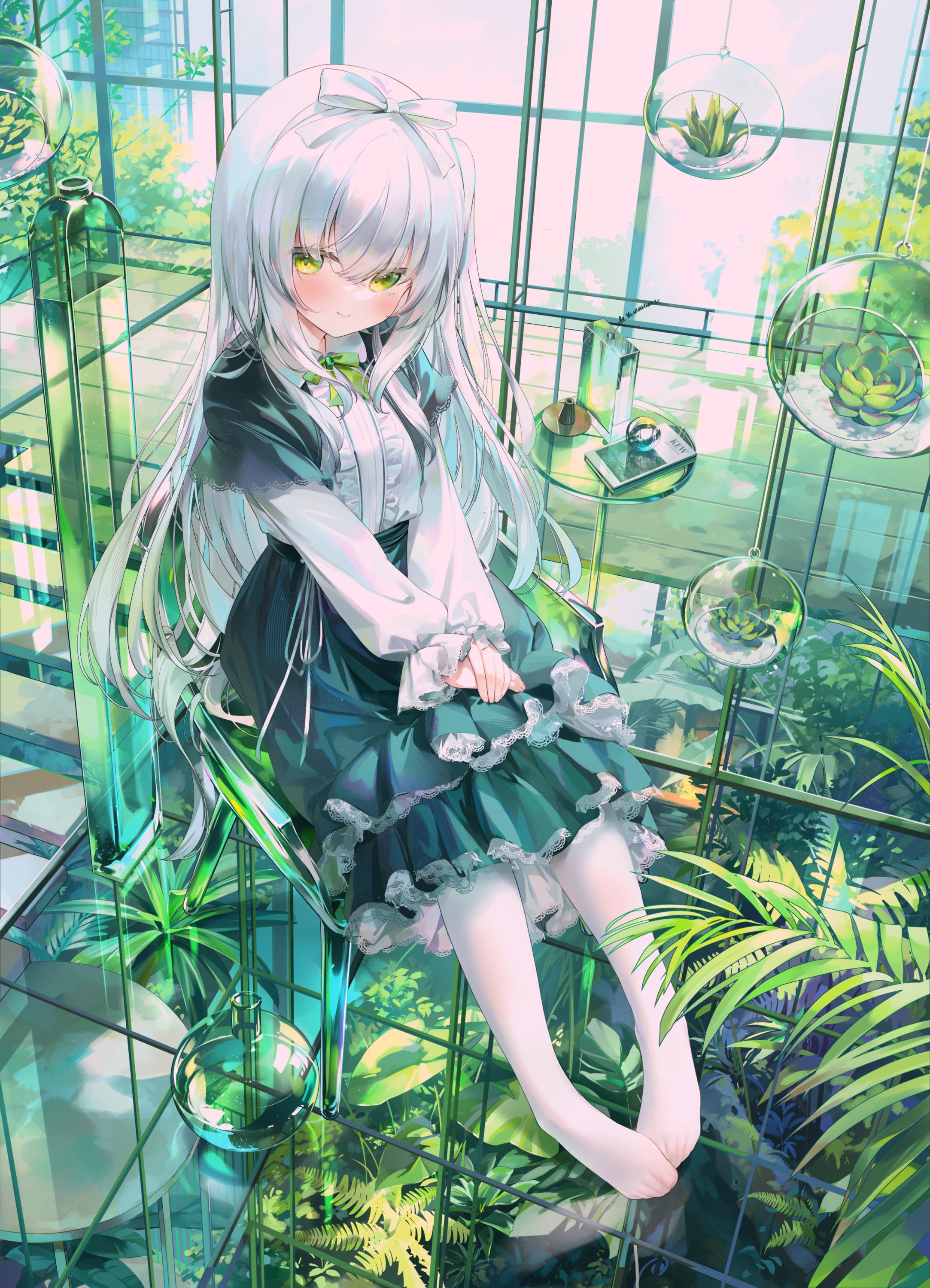 Girl in a dress with white stockings in a greenhouse HD Phone Wallpaper
