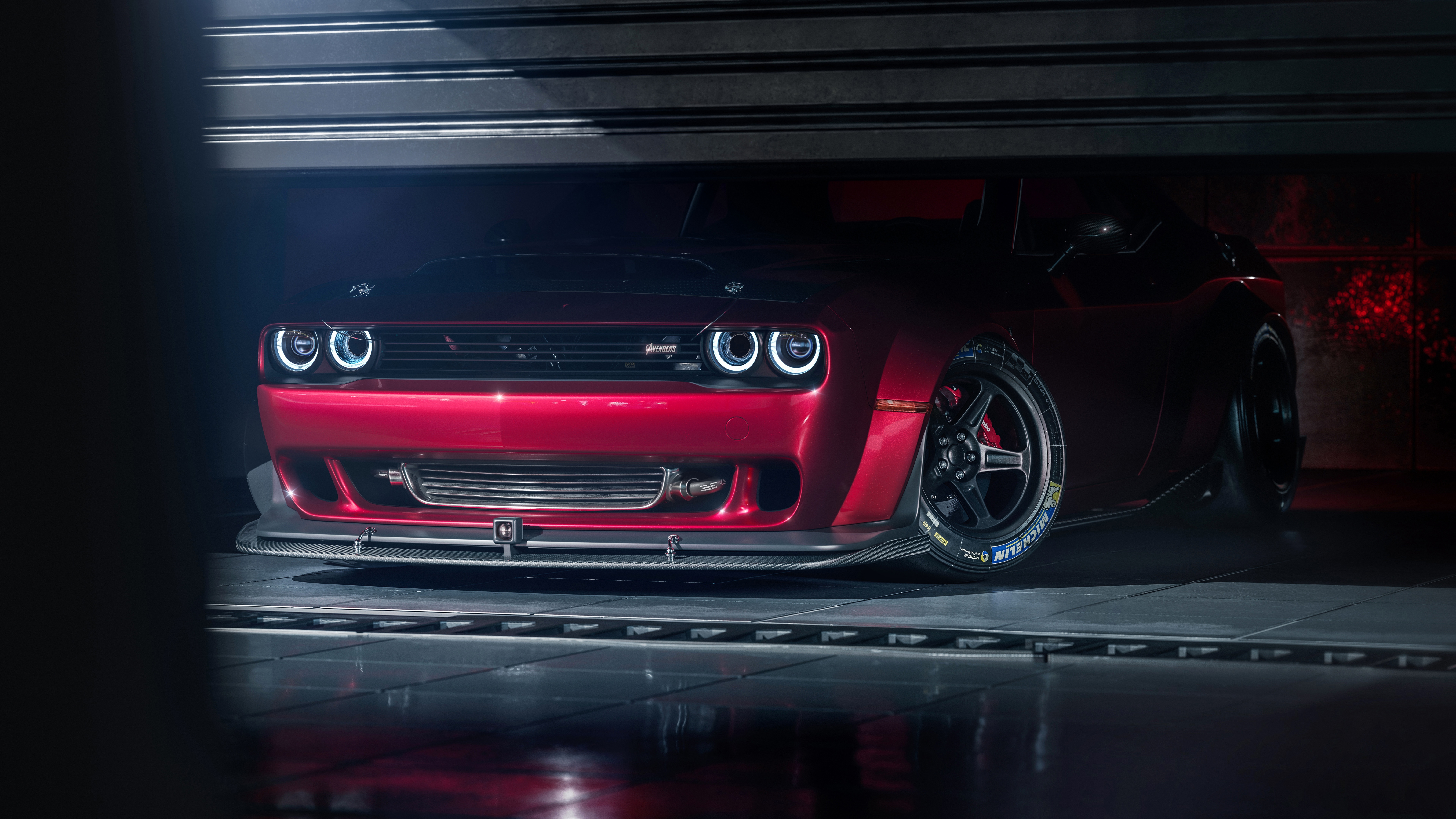 Red Dodge Challenger in a garage HD Wallpaper