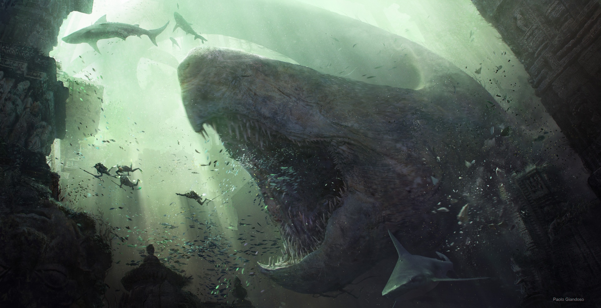 Giant whale and divers in underwater ruins with sharks HD Wallpaper