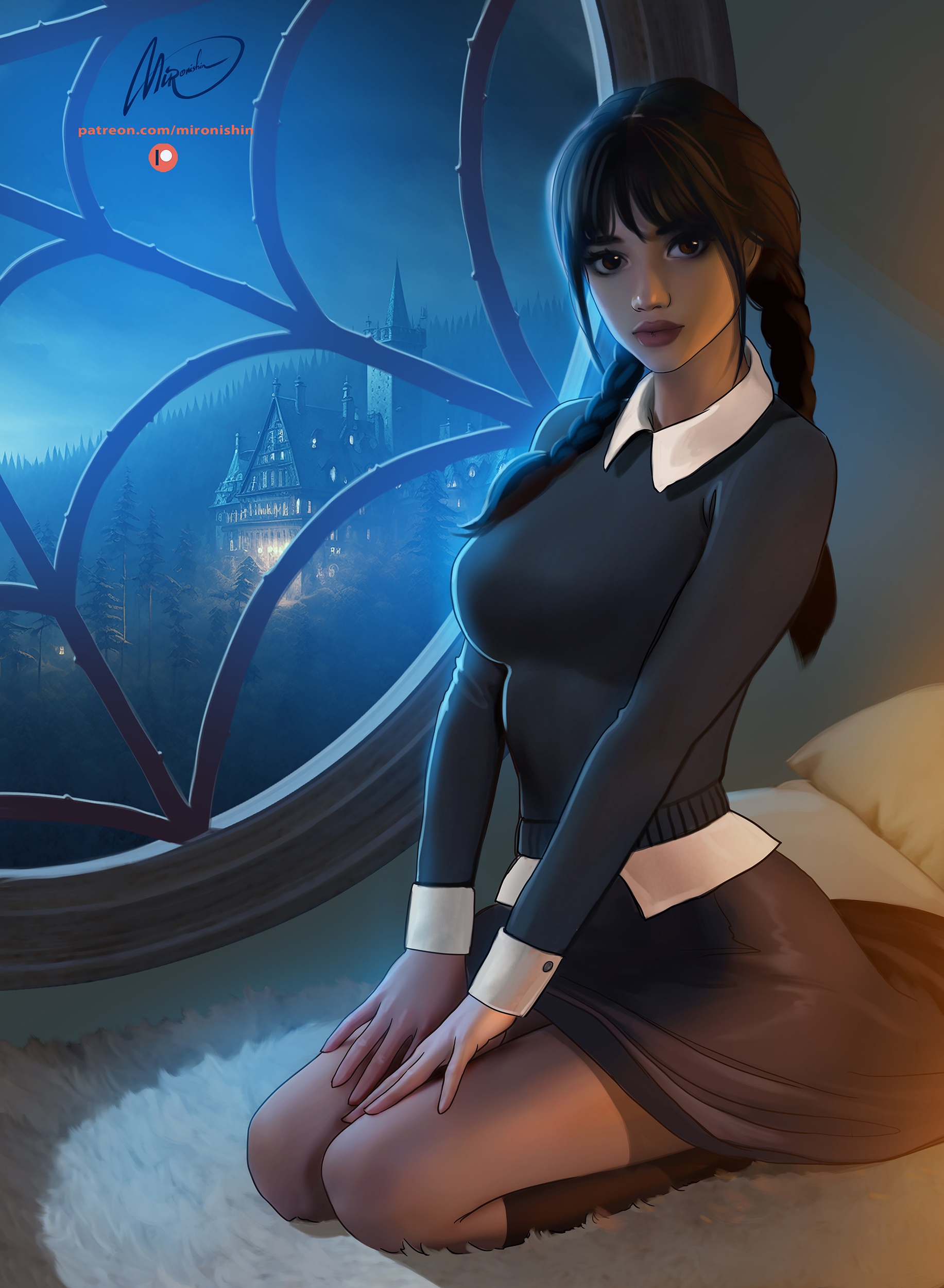 Wednesday Addams kneeling by a window overlooking a castle HD Phone Wallpaper