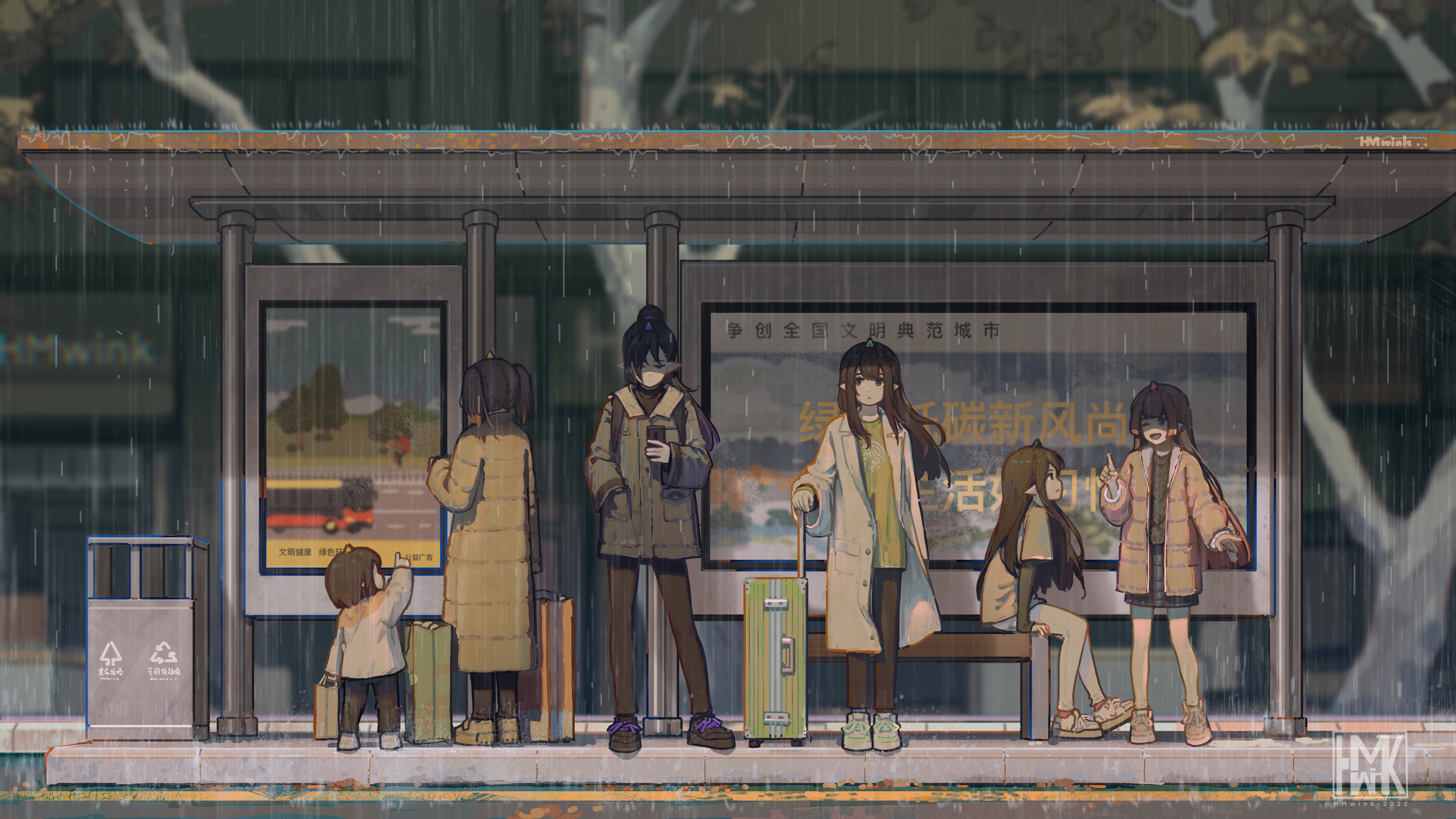 People waiting at a bus stop in the rain HD Wallpaper