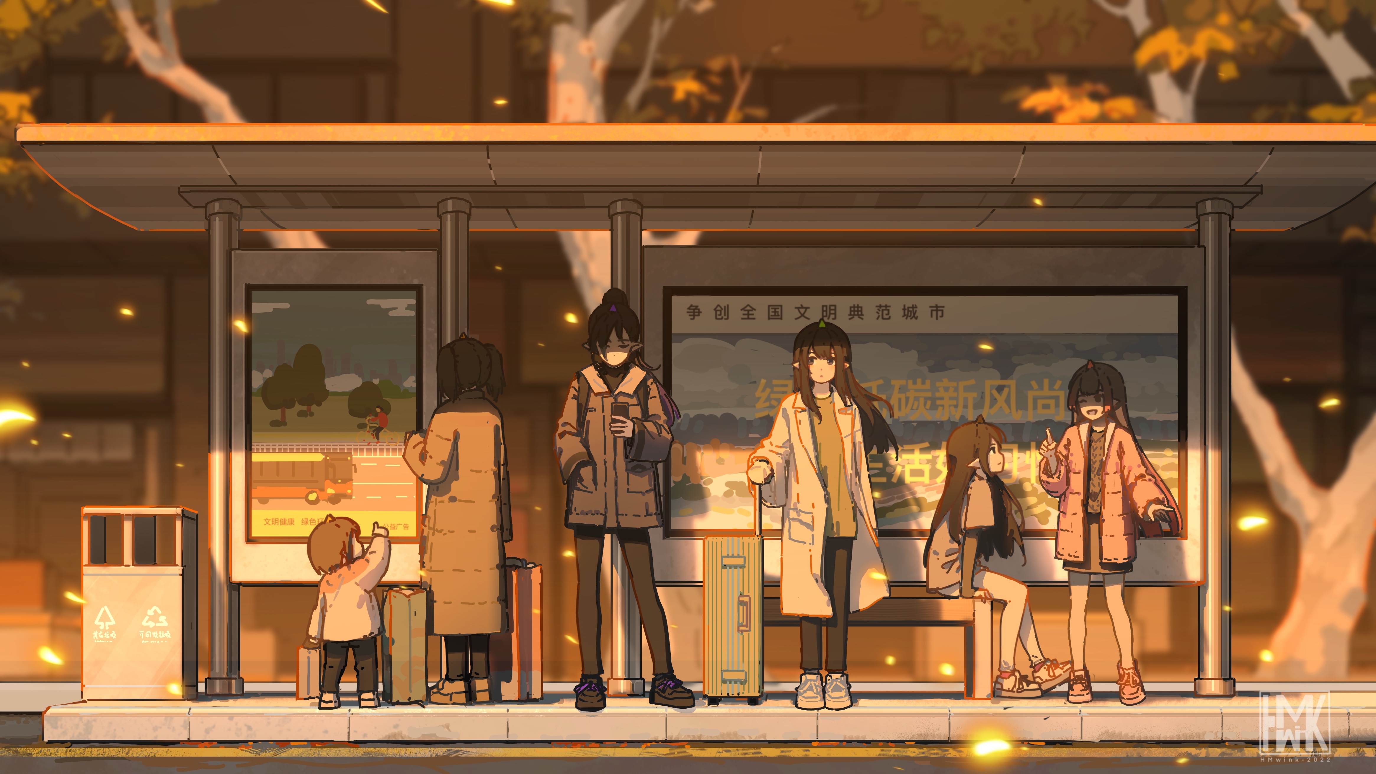 People waiting at a bus stop with suitcases HD Wallpaper