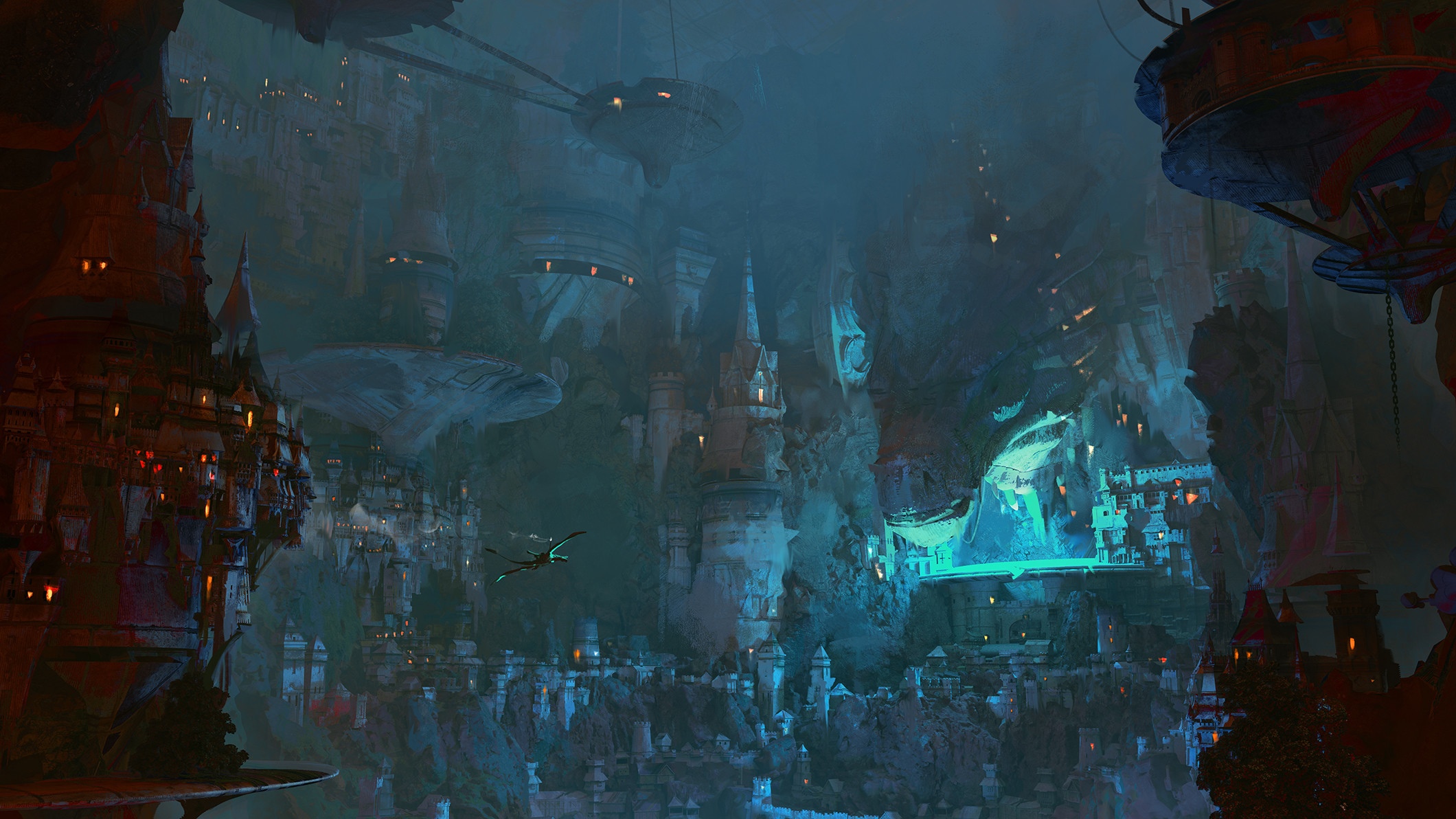 Futuristic fantasy city built into a cavern HD Wallpaper
