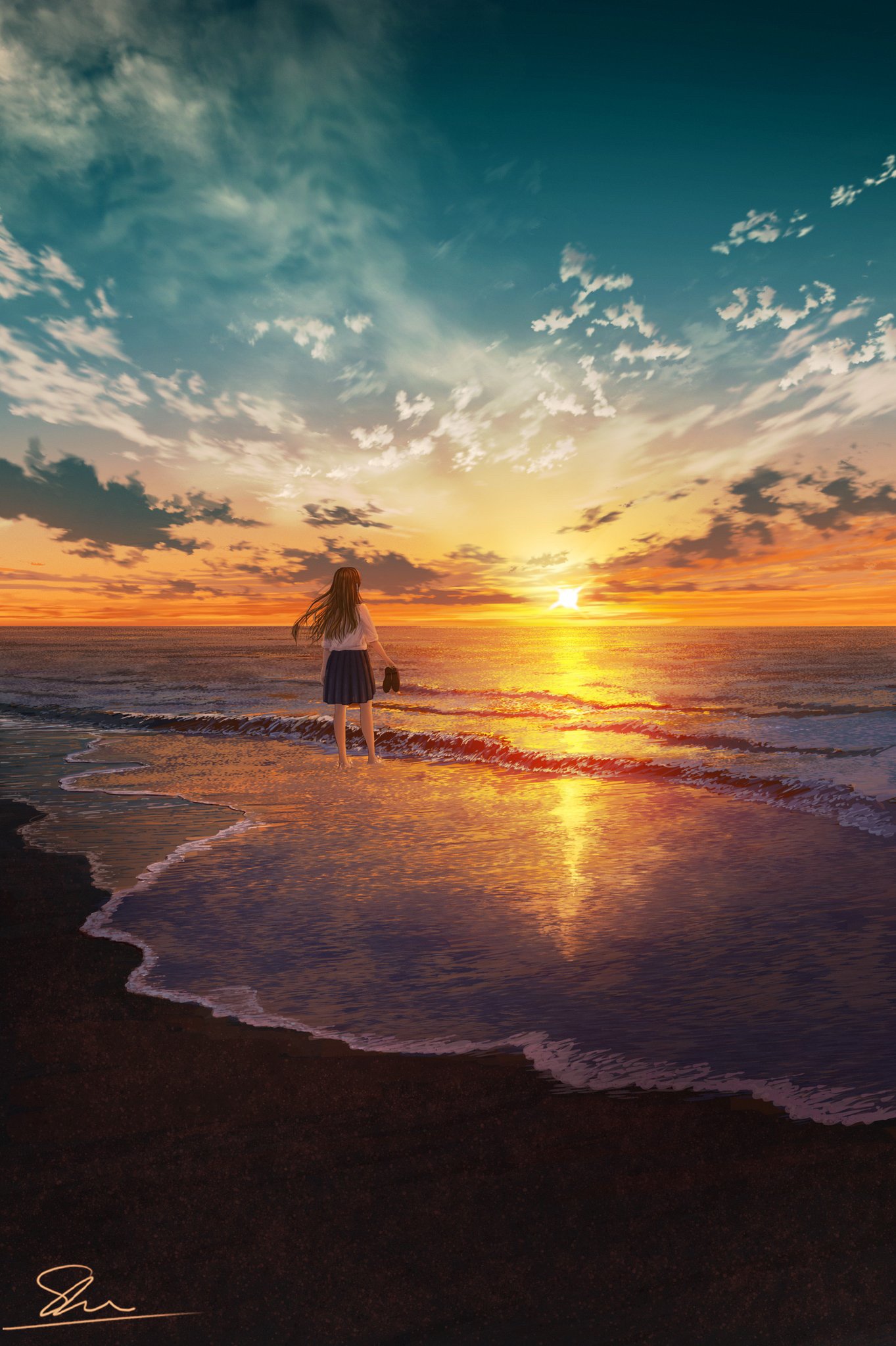 Schoolgirl on beach at sunset HD Phone Wallpaper