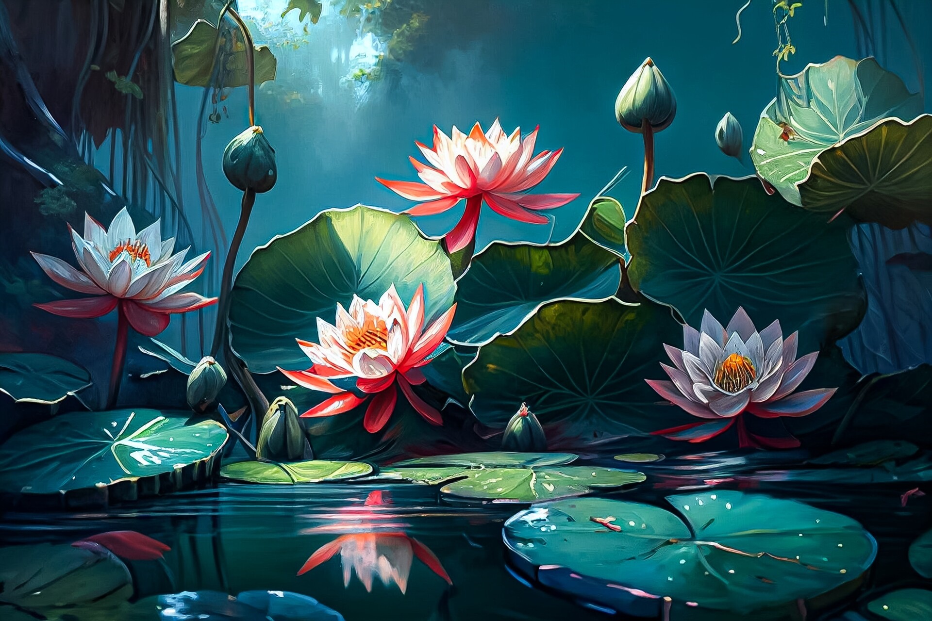 Water lilies and lily pads on dark water HD Wallpaper