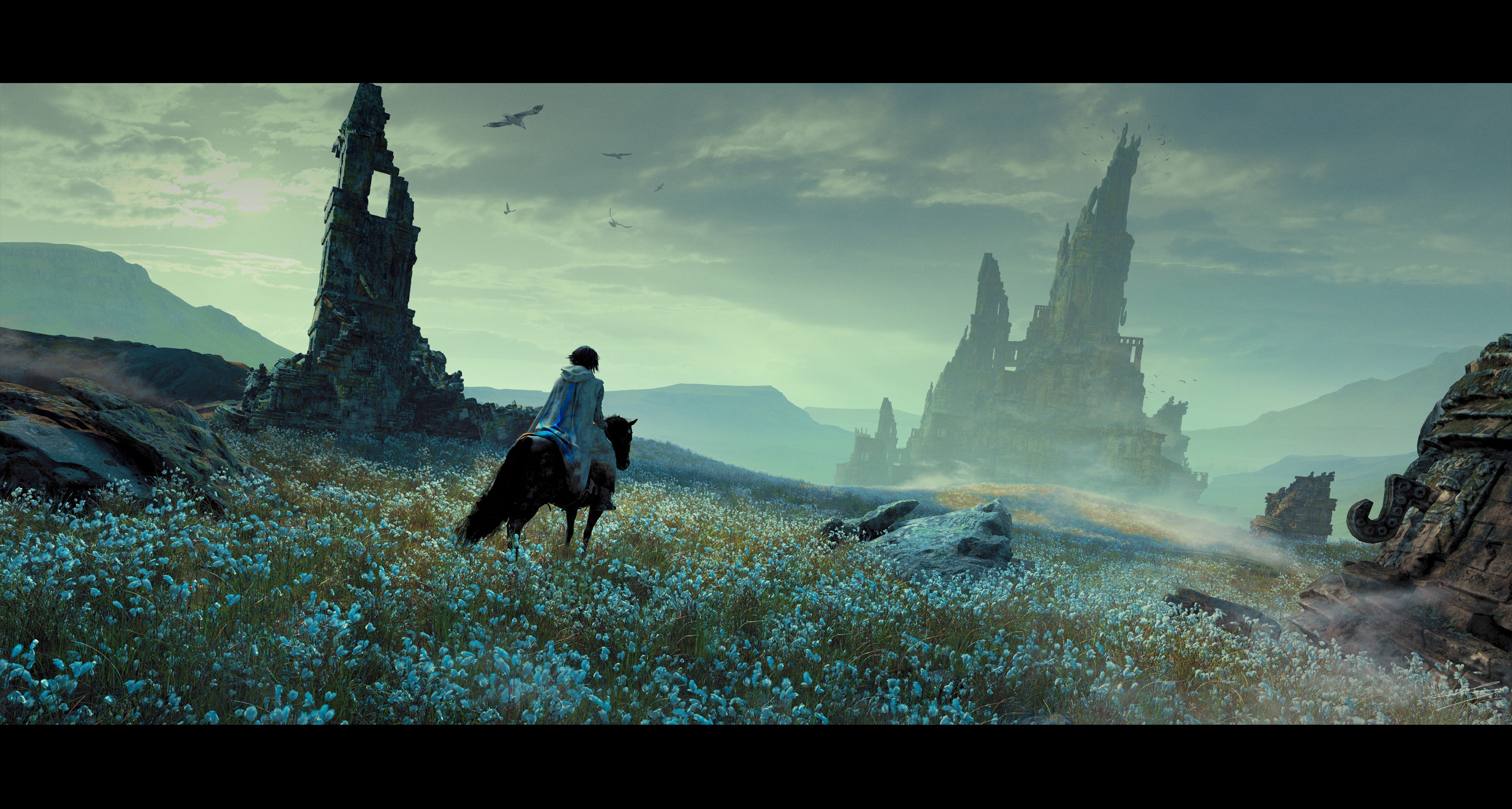 4K artwork of a person on a horse in a field with ruins HD Wallpaper