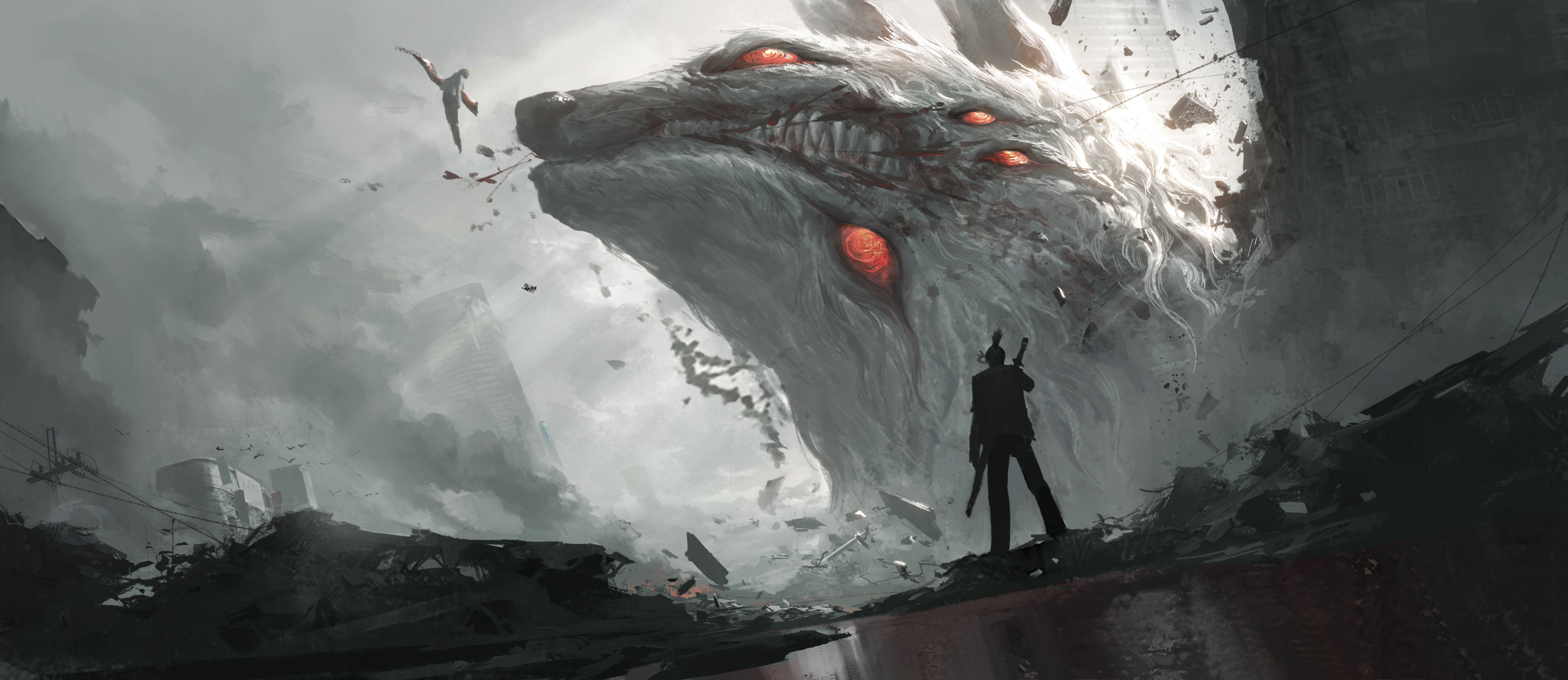 Chainsaw Man fan art: Giant wolf creature in a destroyed city HD Wallpaper