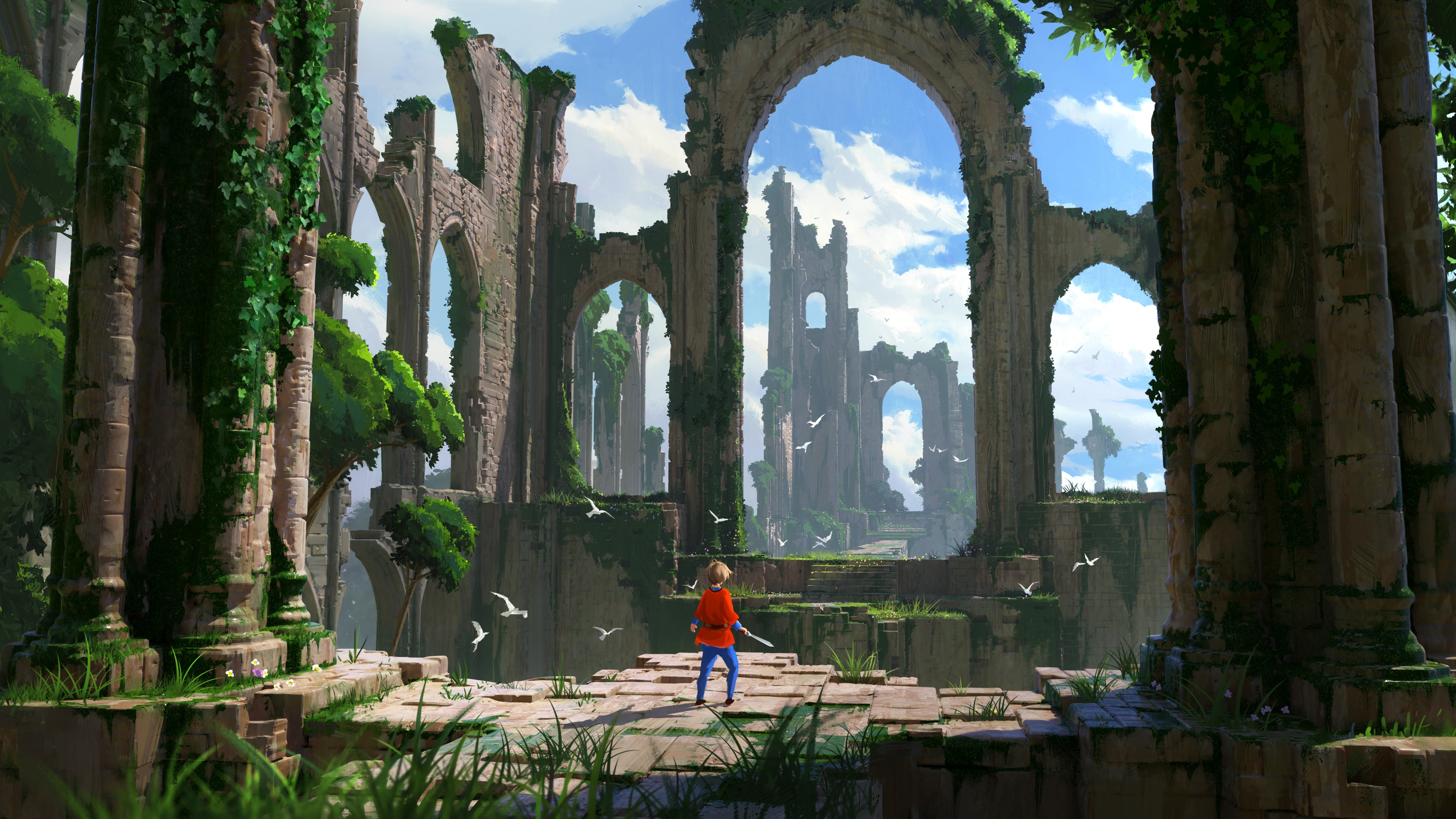 Fantasy ruins with a person and birds HD Wallpaper