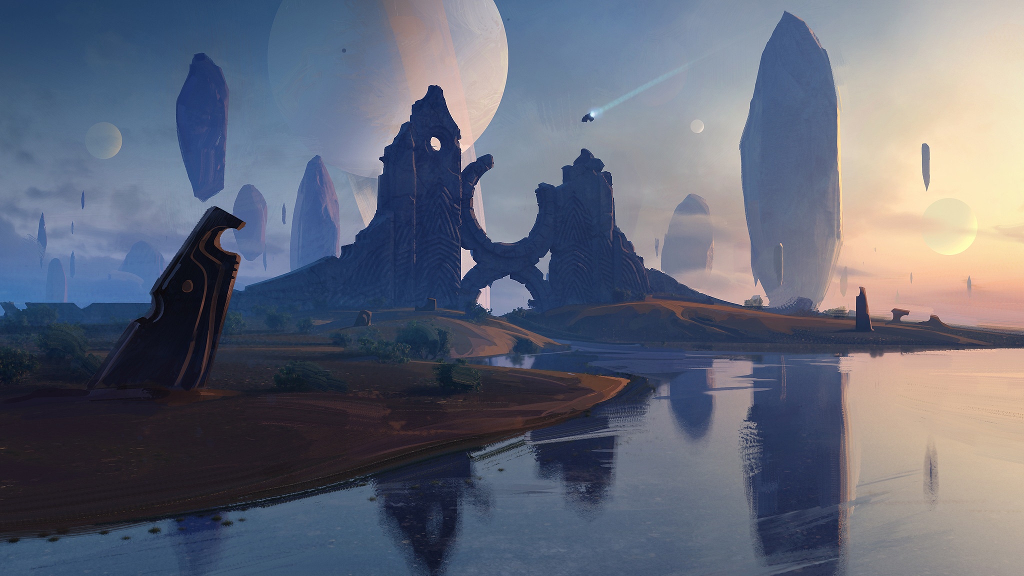 Alien landscape with floating rocks and a large planet HD Wallpaper