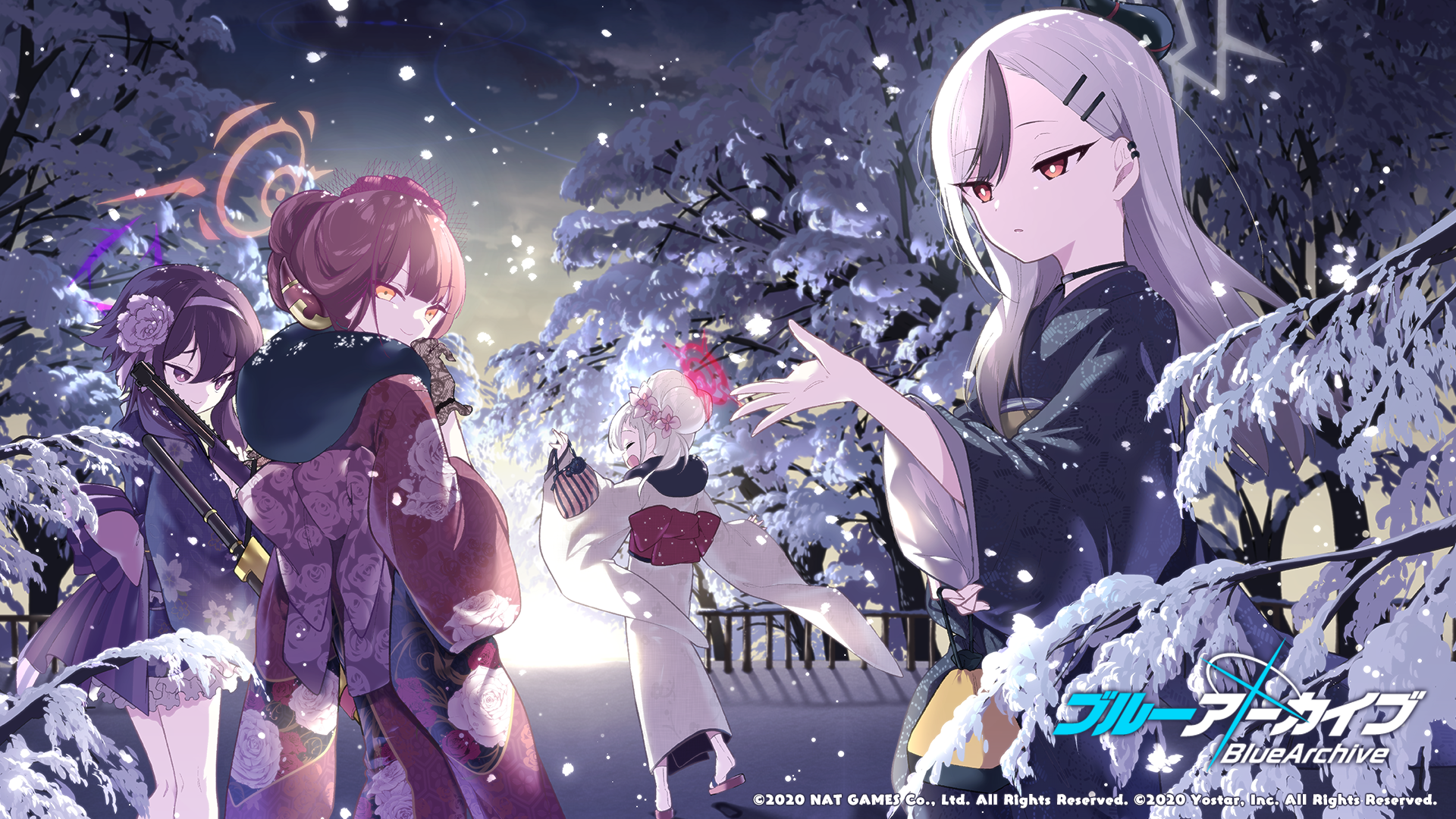 Blue Archive Characters in Kimonos in Snow HD Wallpaper