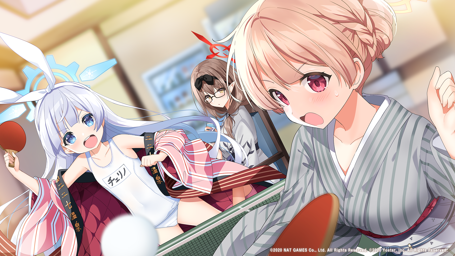 Blue Archive: Cherino, Chinatsu, and Nodoka play ping pong HD Wallpaper