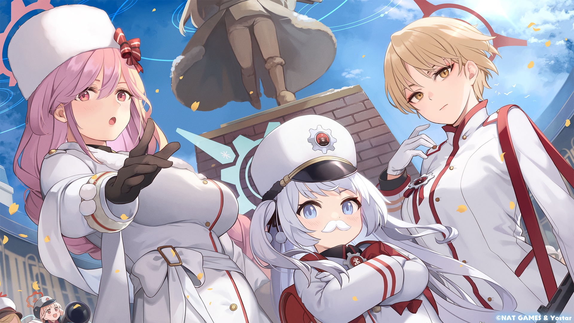 Blue Archive Characters in Uniforms with Petals HD Wallpaper