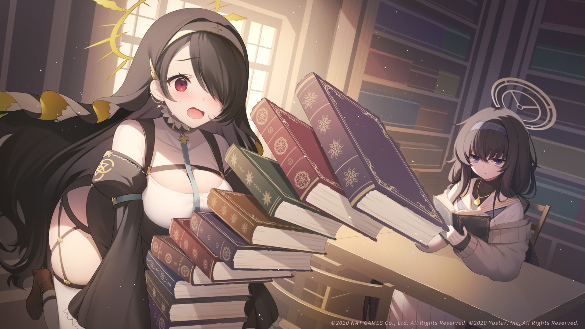 Blue Archive Nuns Reading Books in Library HD Wallpaper