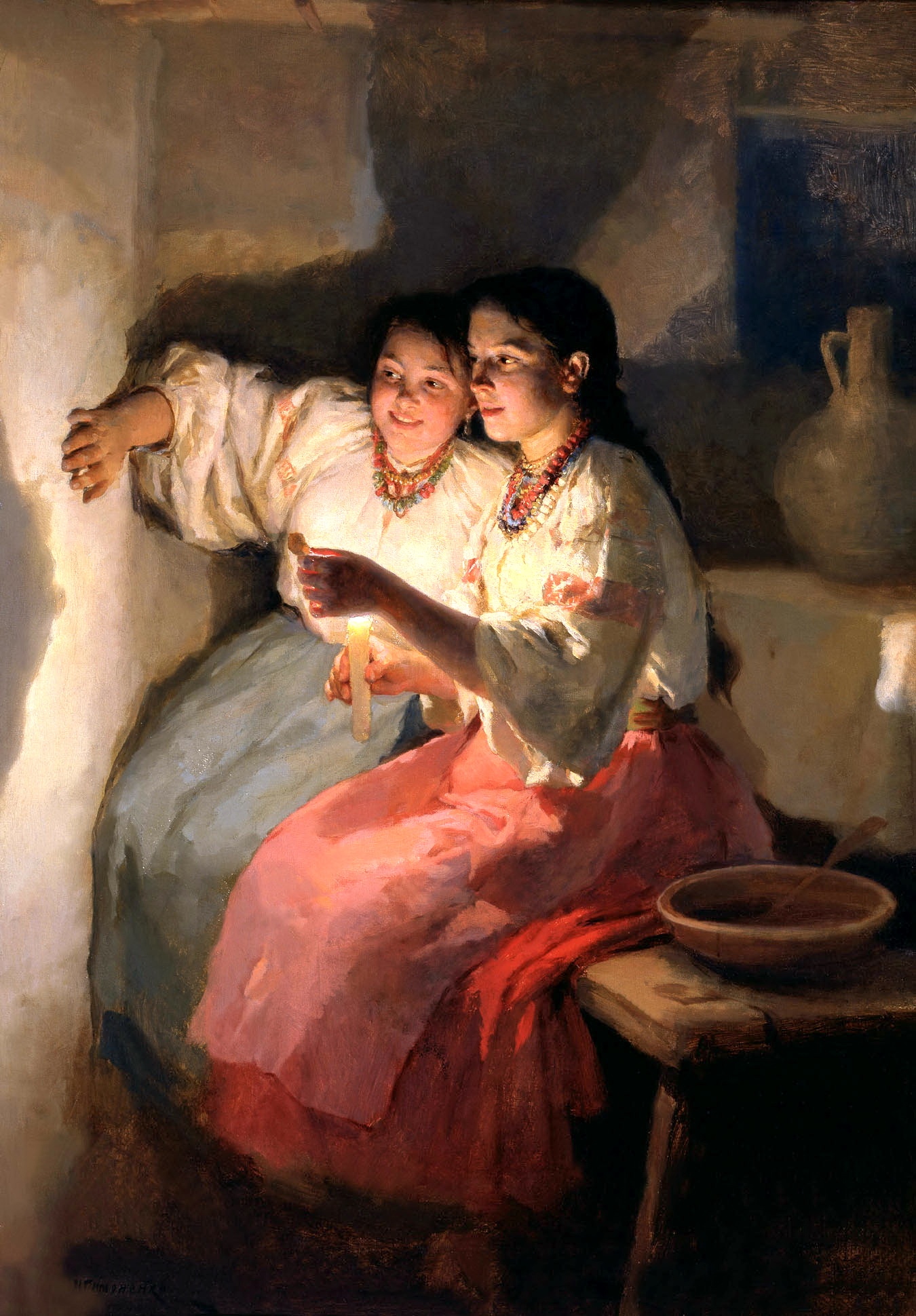 Two girls holding a candle by Mykola Pymonenko HD Phone Wallpaper