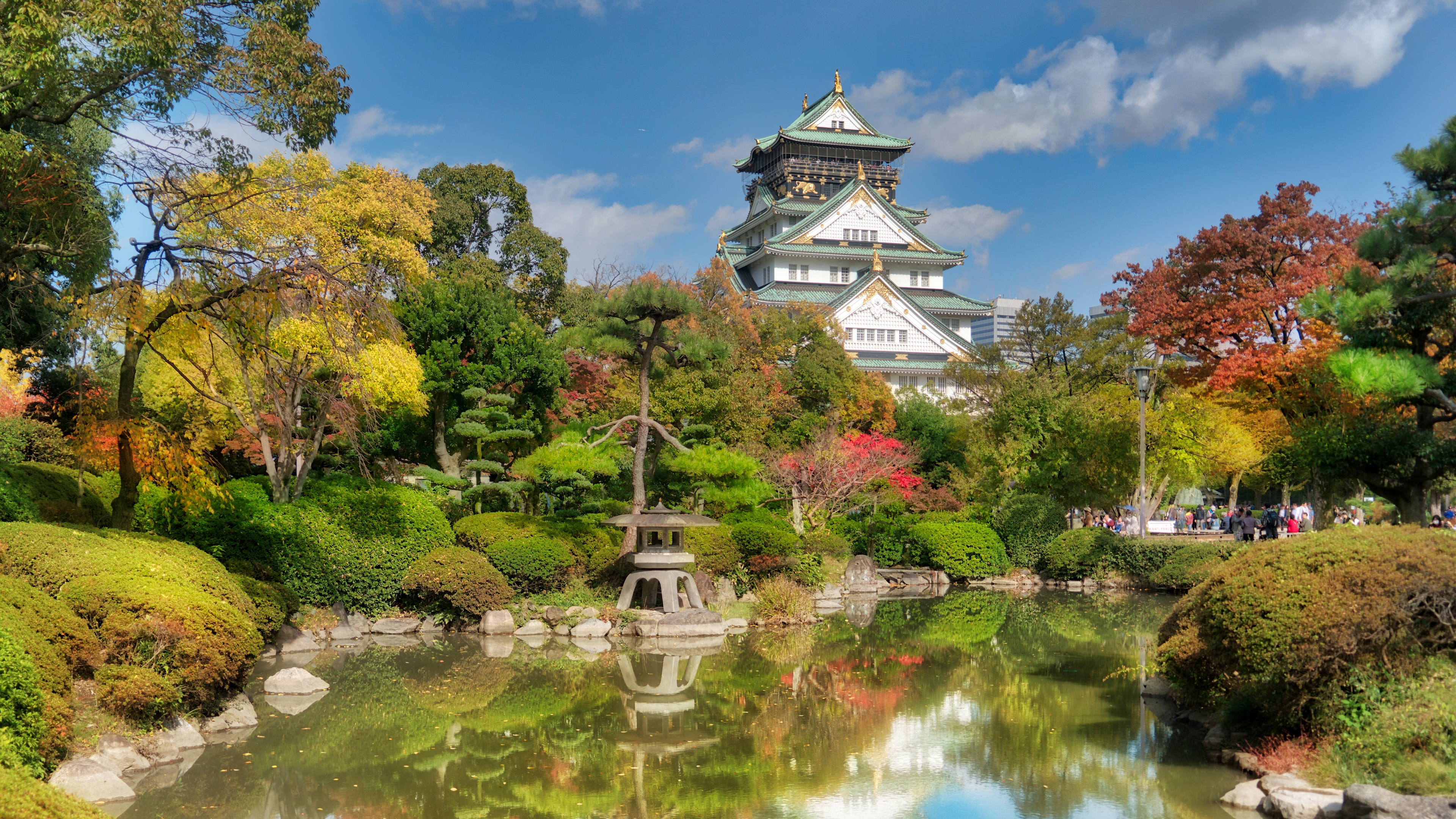 Osaka Castle garden with autumn trees and reflection HD Wallpaper