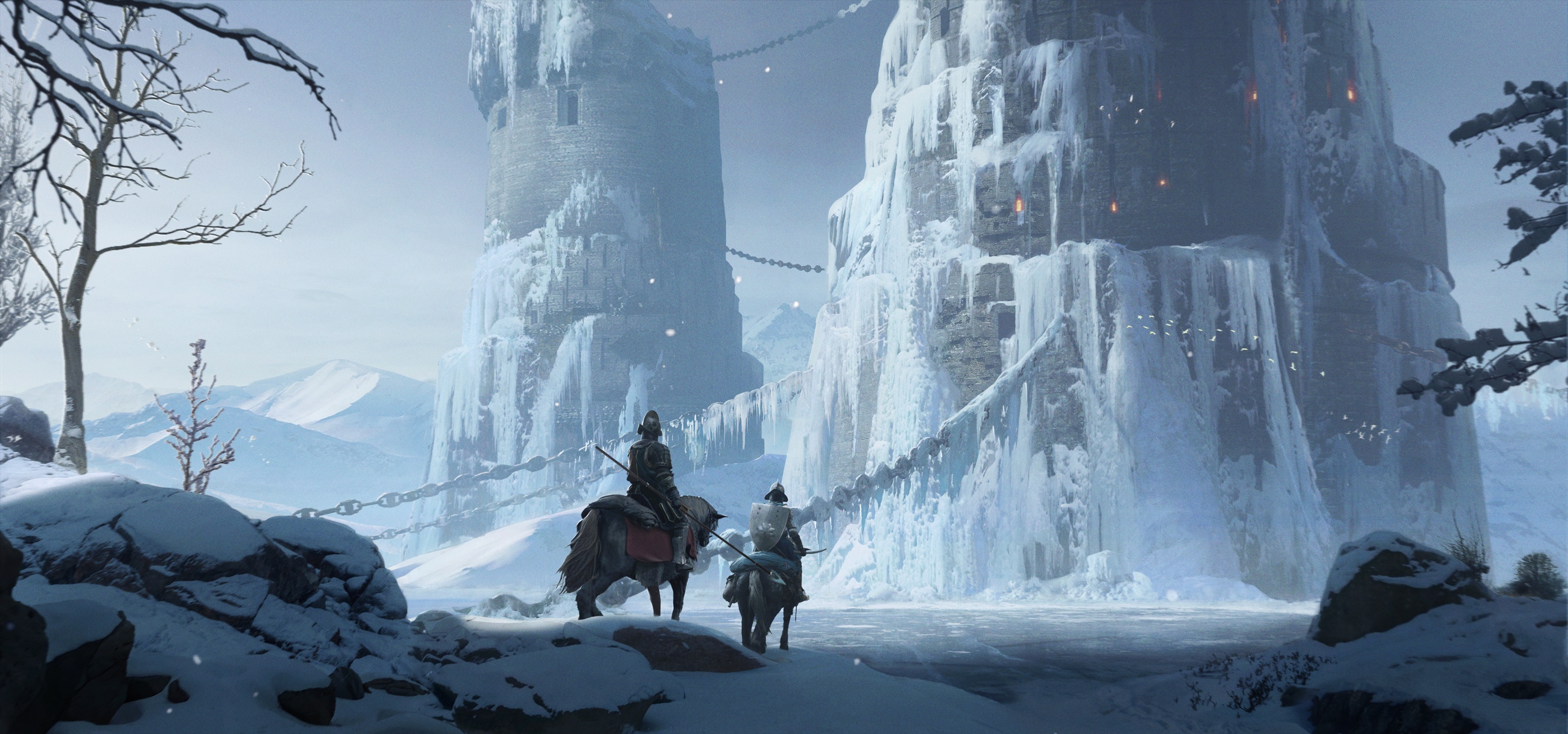 Knights on horseback approach icy towers in a snowy landscape HD Wallpaper