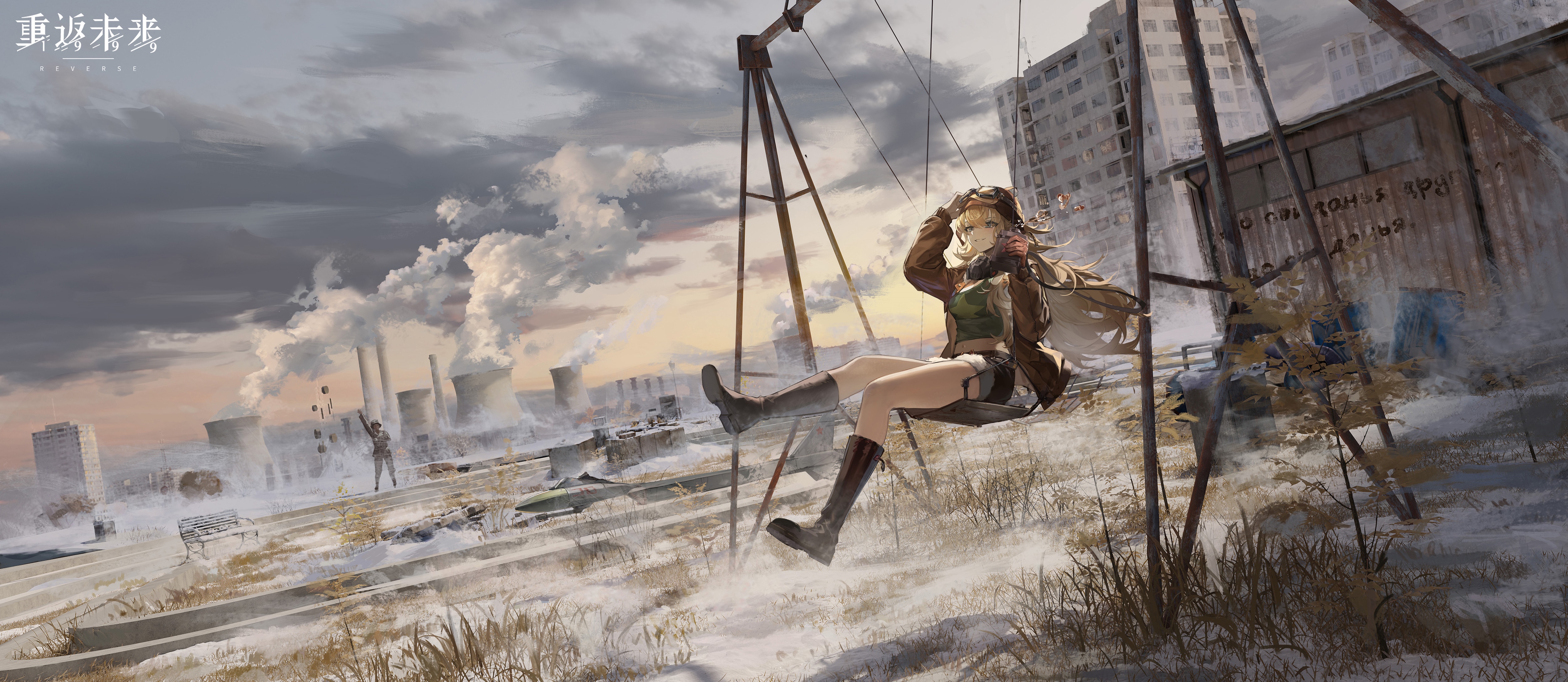 4K anime girl on swings in post-apocalyptic landscape HD Wallpaper