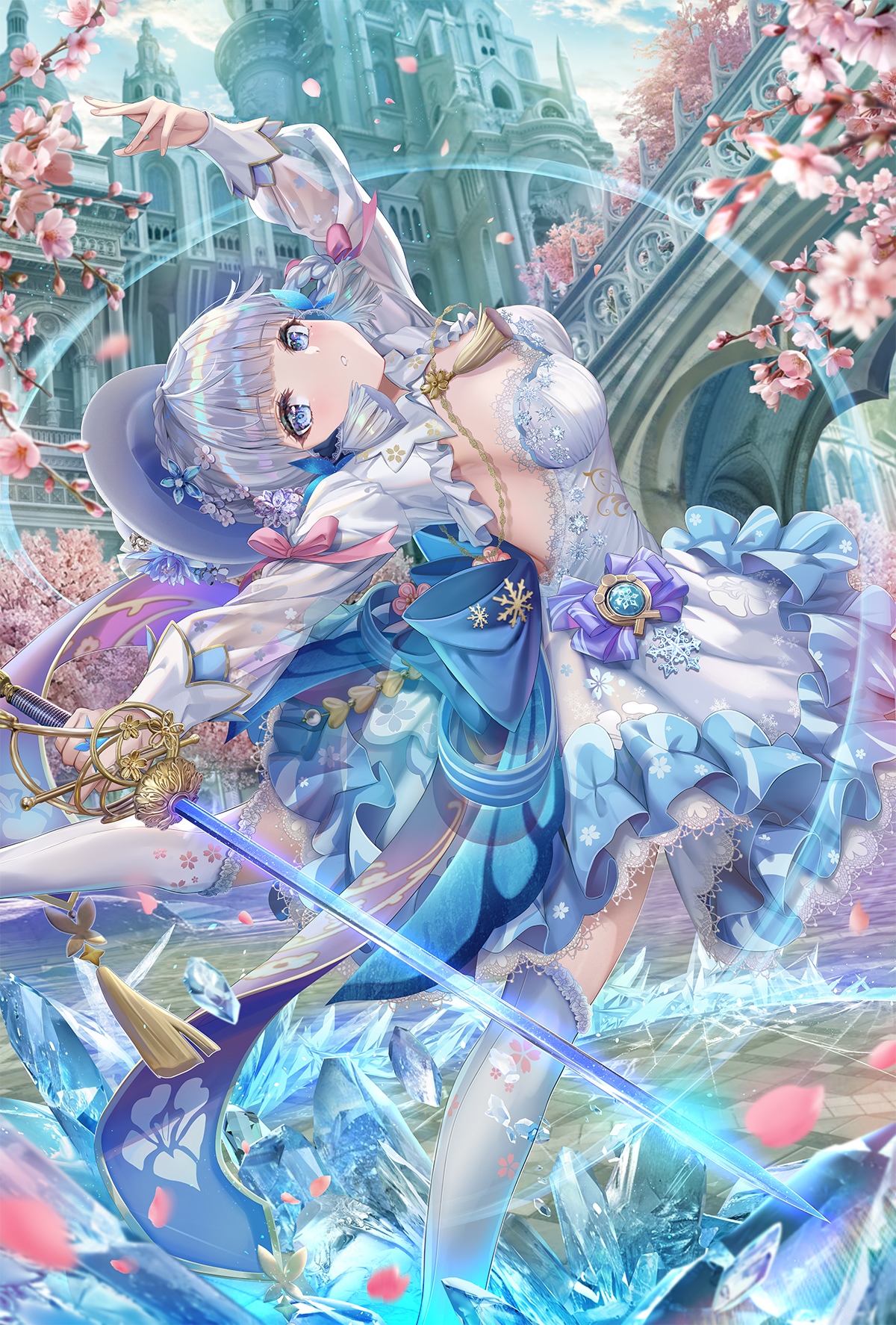 Kamisato Ayaka with a sword in front of a castle HD Phone Wallpaper