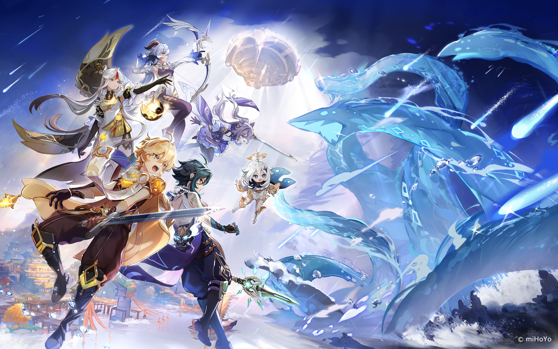 Genshin Impact characters fighting a water dragon HD Wallpaper