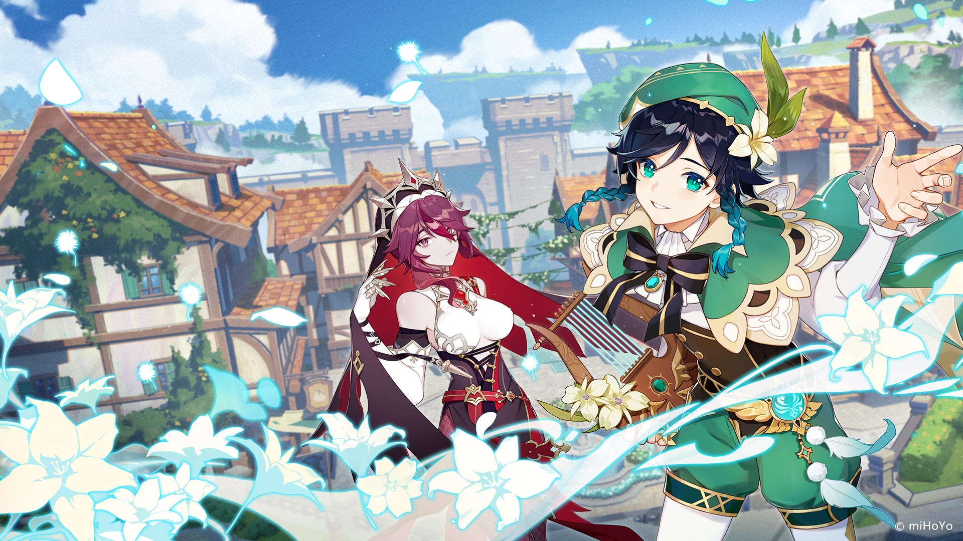 Rosaria and Venti from Genshin Impact in a village HD Wallpaper