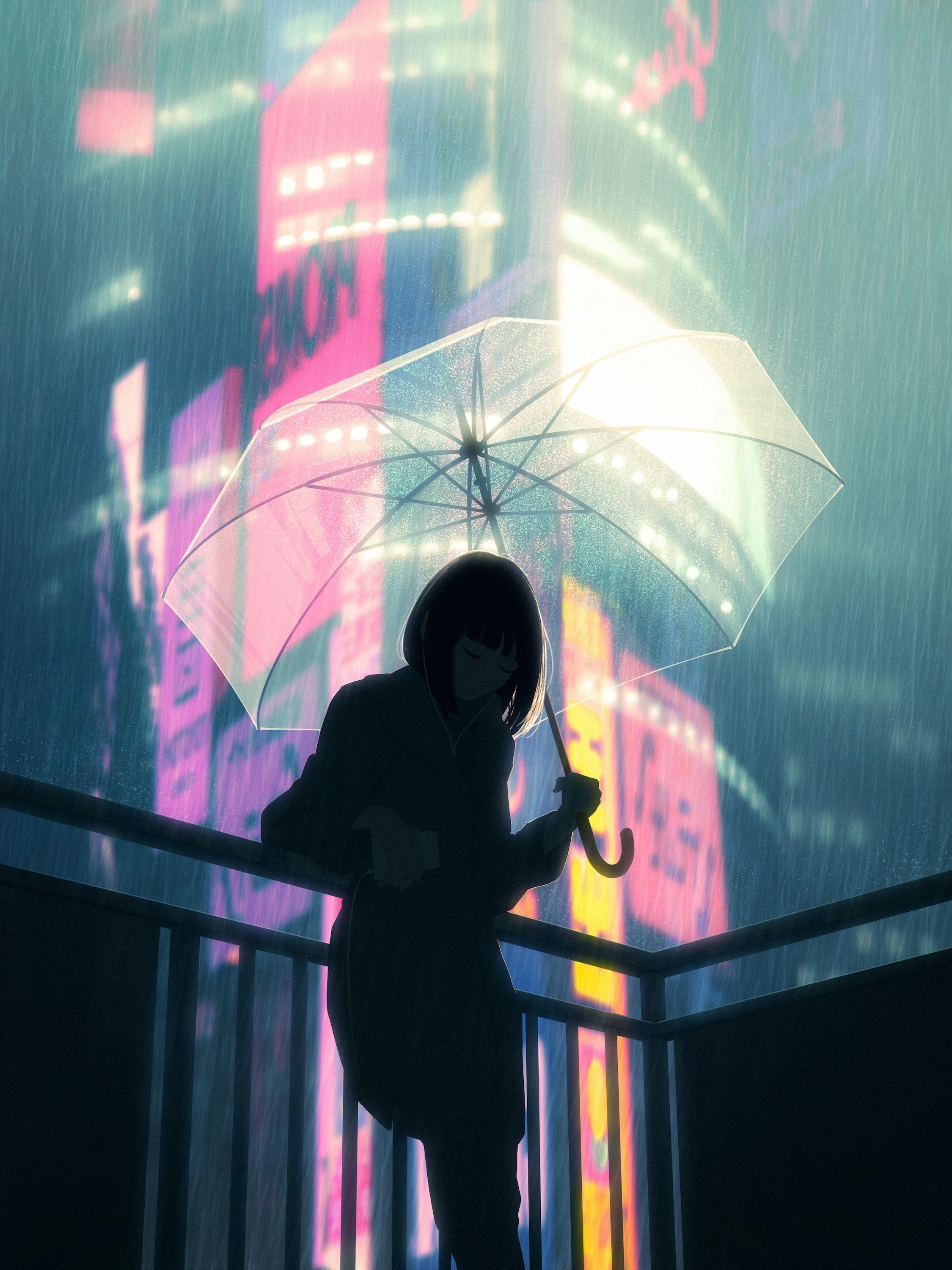 Woman with umbrella in the rain at night HD Phone Wallpaper