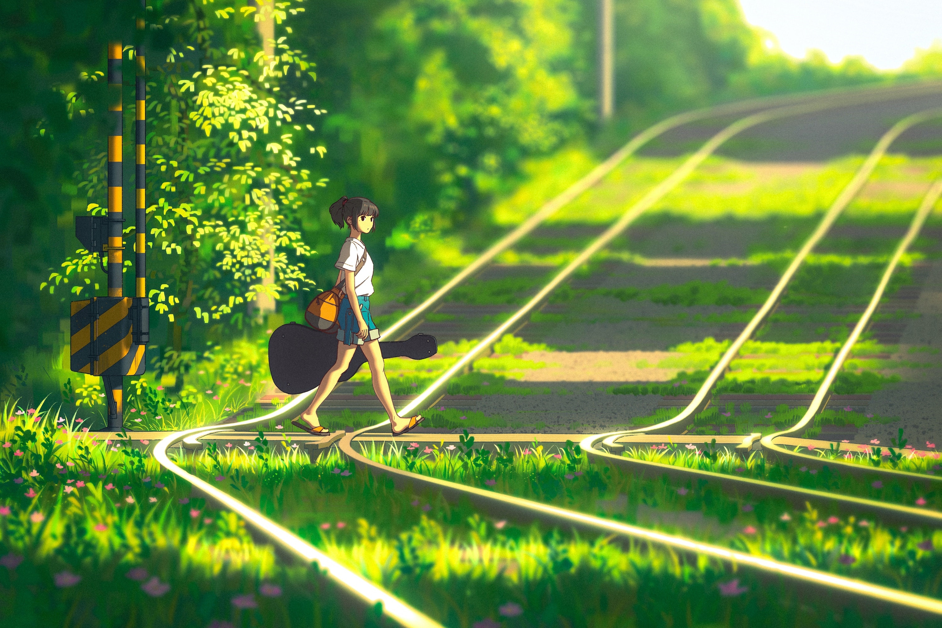 Girl with guitar walking across railway tracks HD Wallpaper