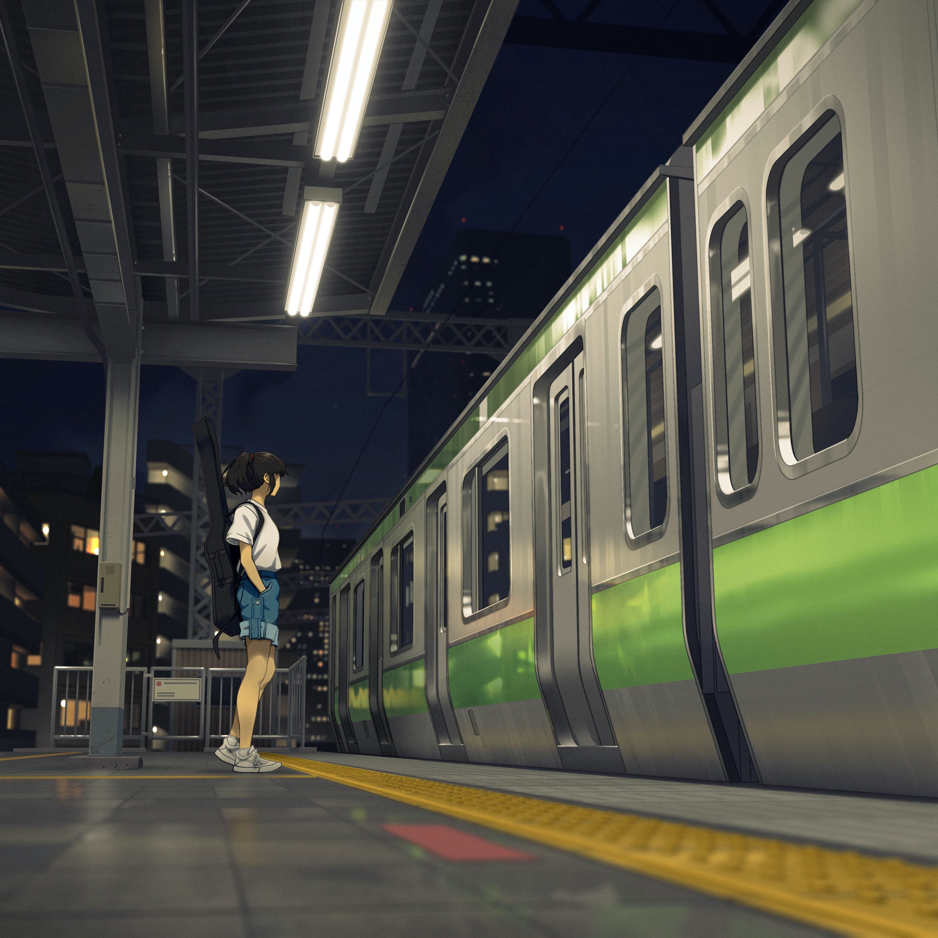 Woman with guitar case waiting for train at night HD Wallpaper