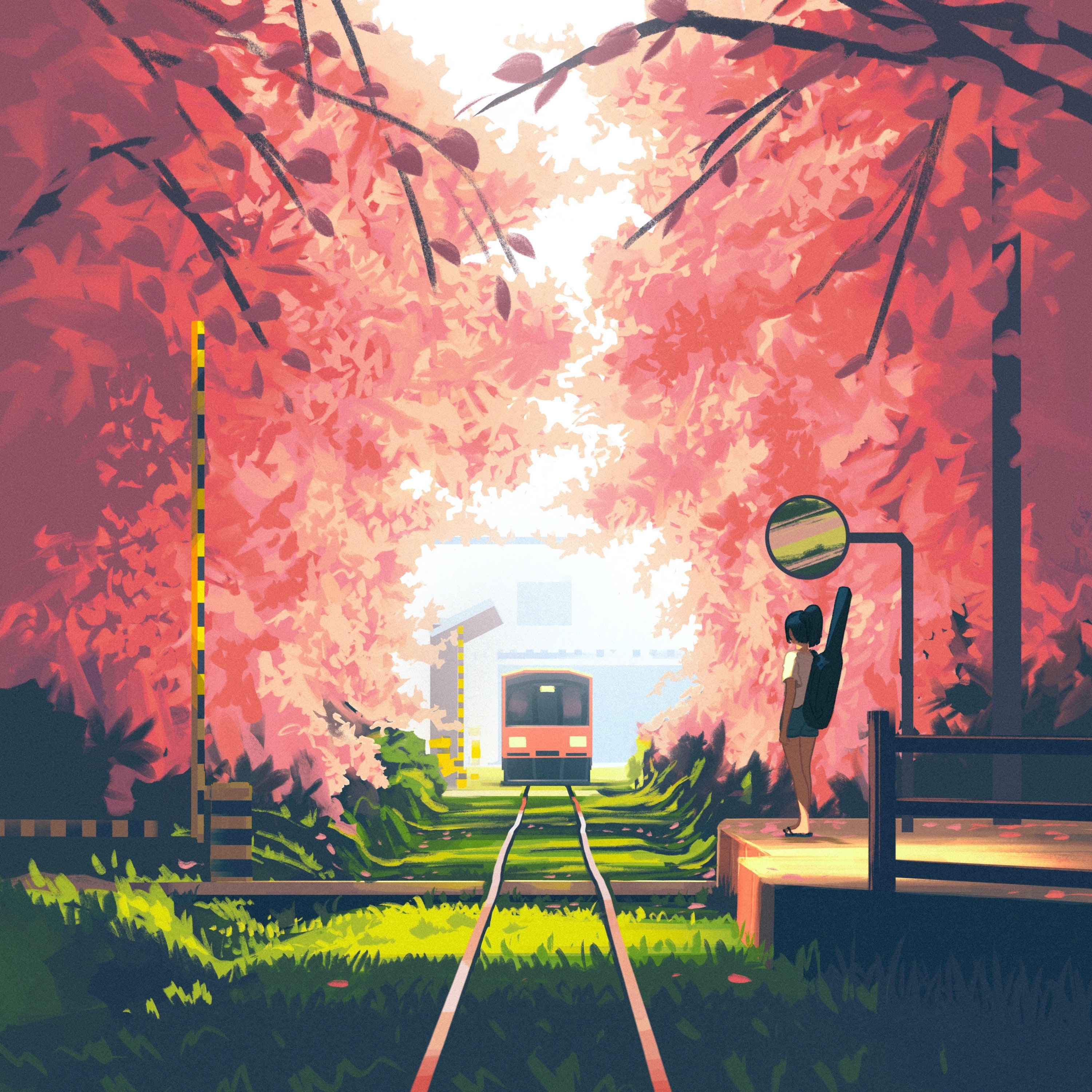 Girl with guitar waiting for train by railway HD Wallpaper