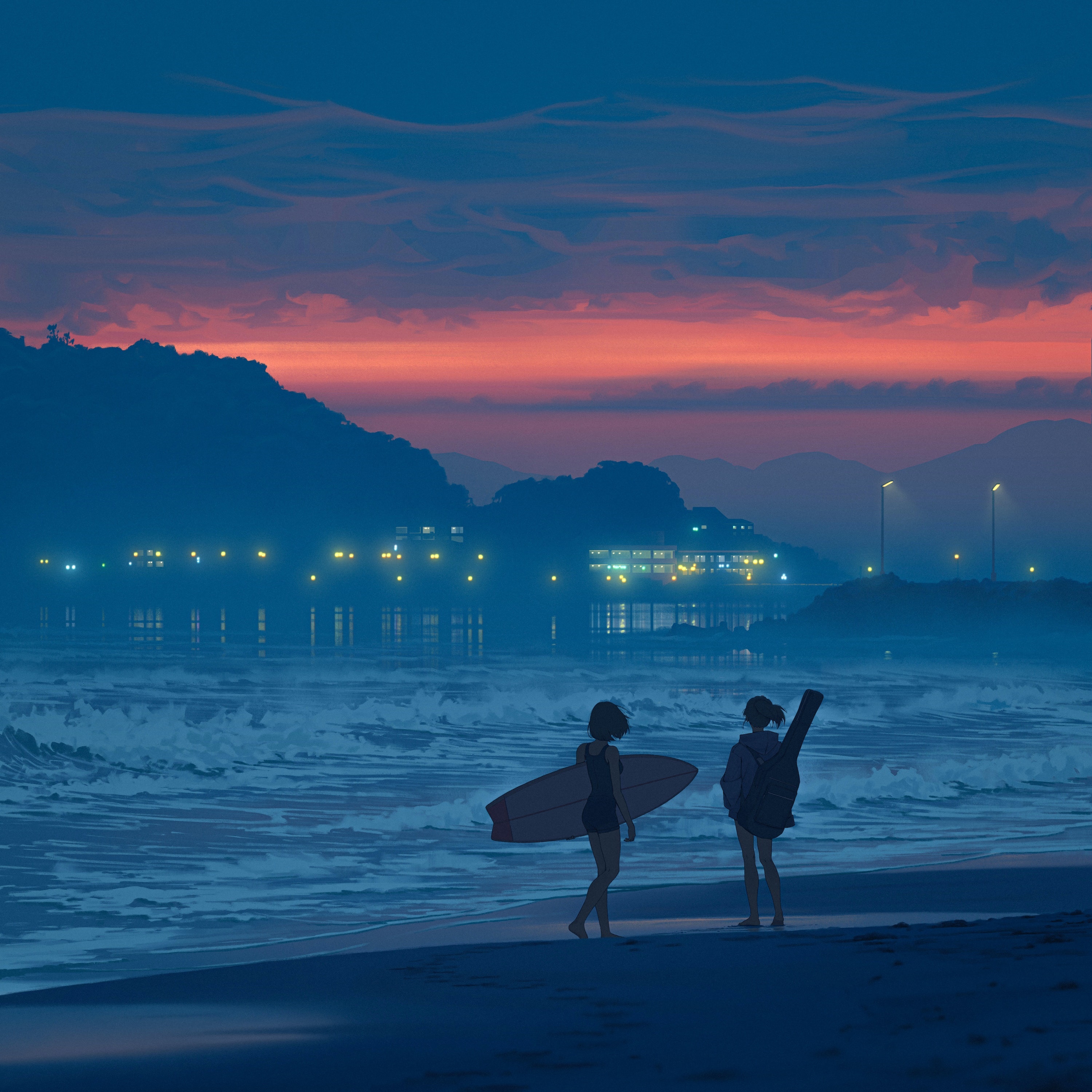 Two people with a surfboard and guitar on a beach at sunset HD Wallpaper