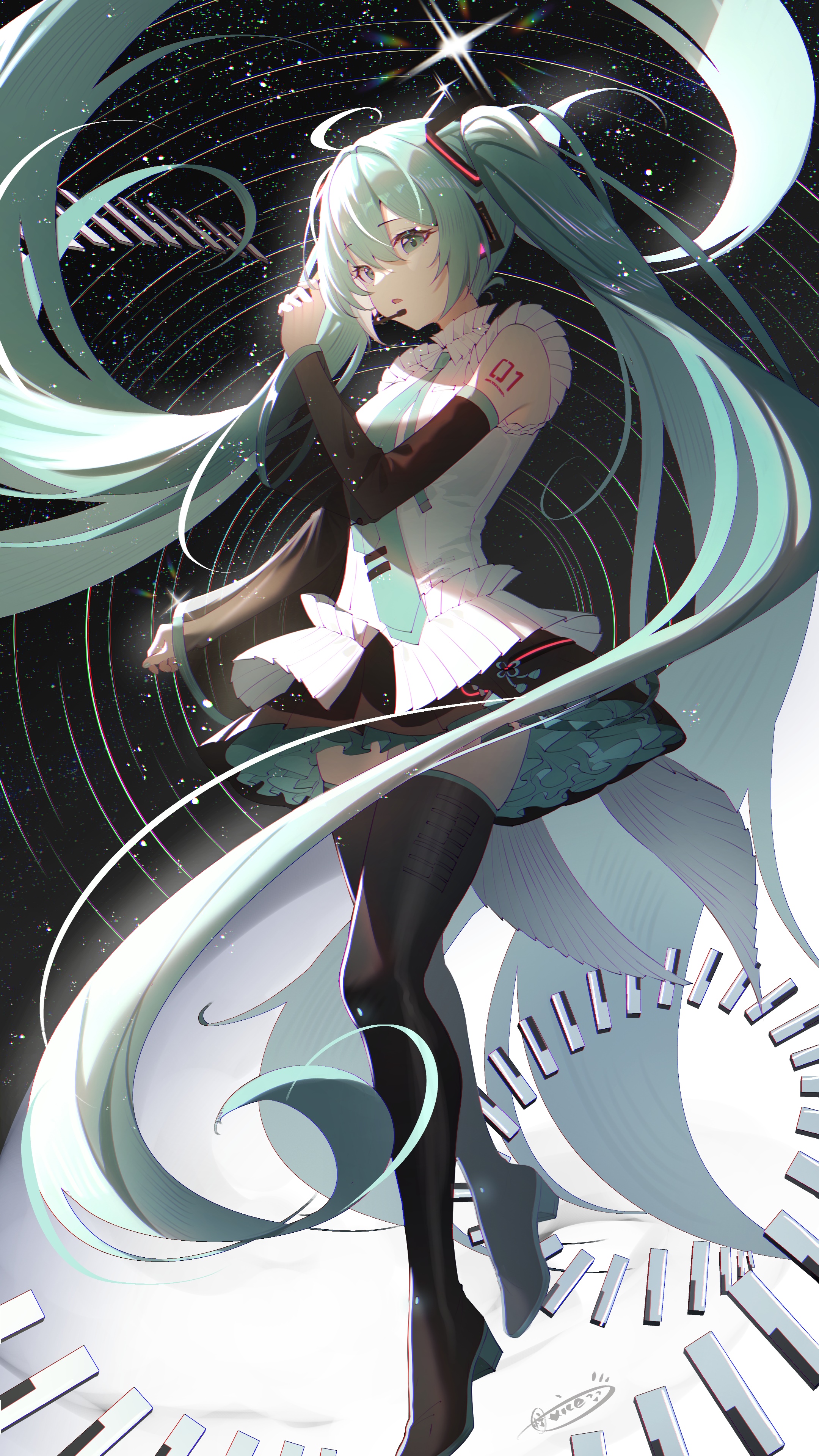 Hatsune Miku in a cosmic setting with musical notes HD Phone Wallpaper