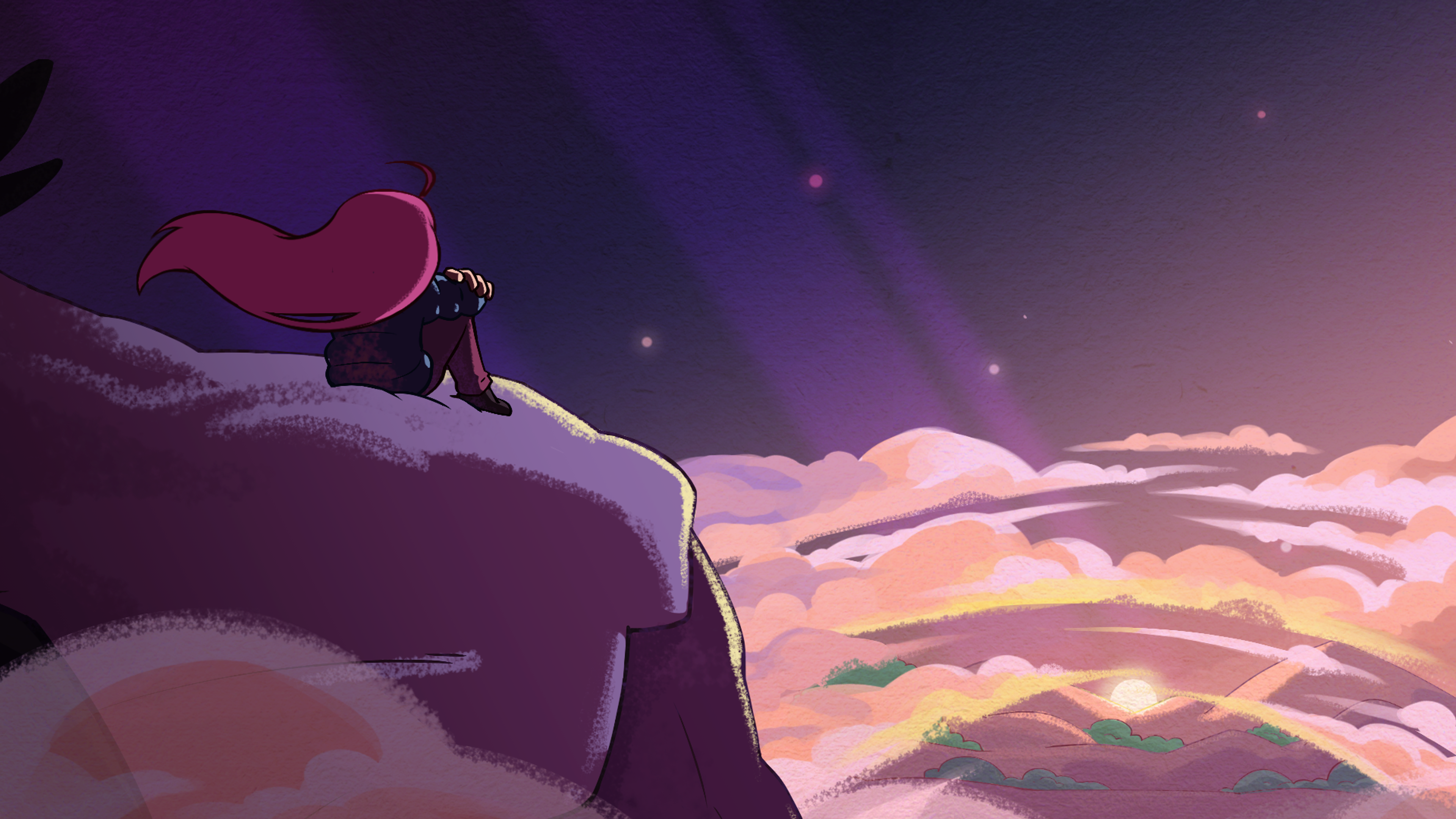 Celeste: Girl sitting on a cliff overlooking clouds at sunset HD Wallpaper