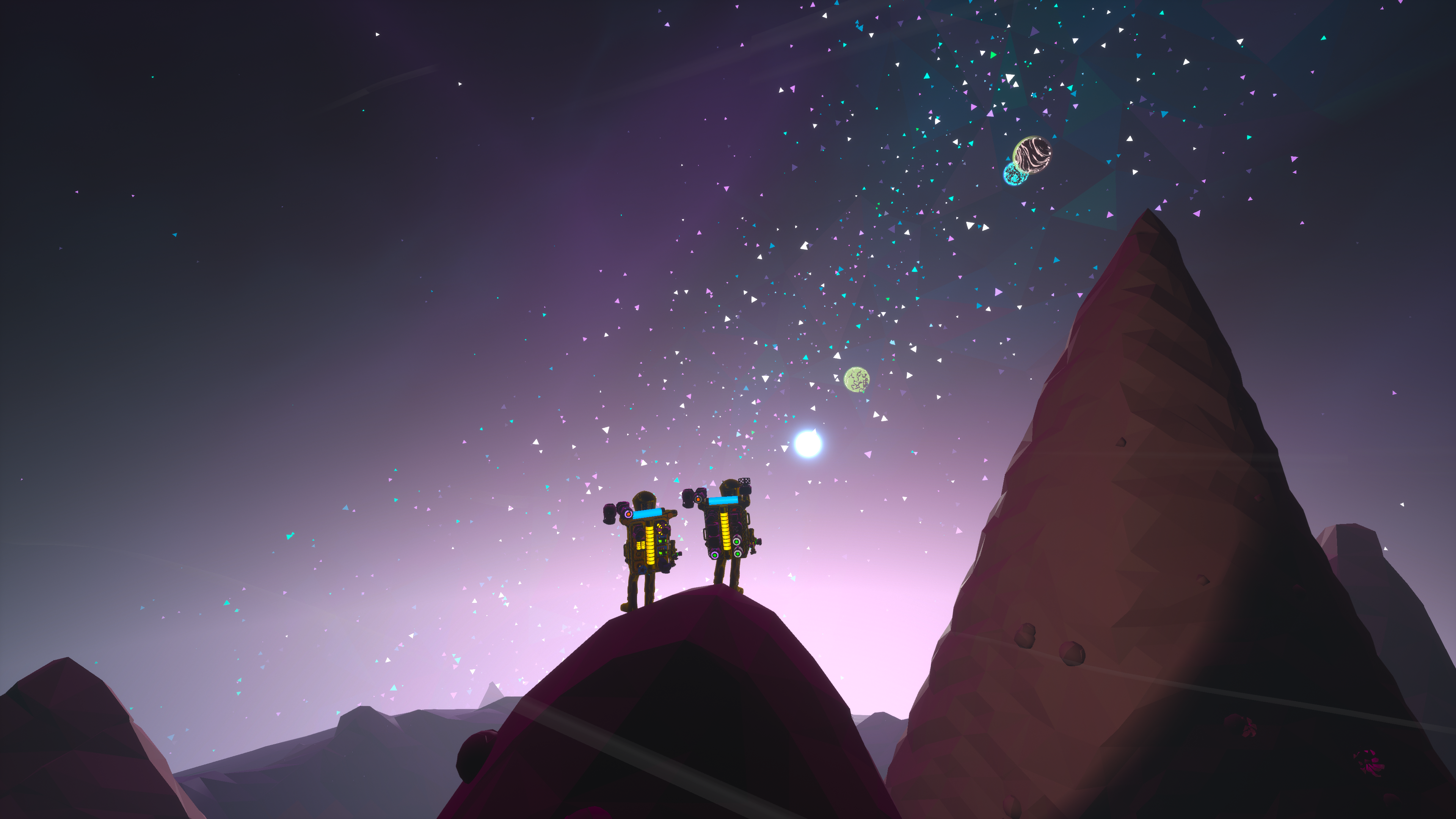 Astroneer characters on a rocky planet under a starry sky HD Wallpaper