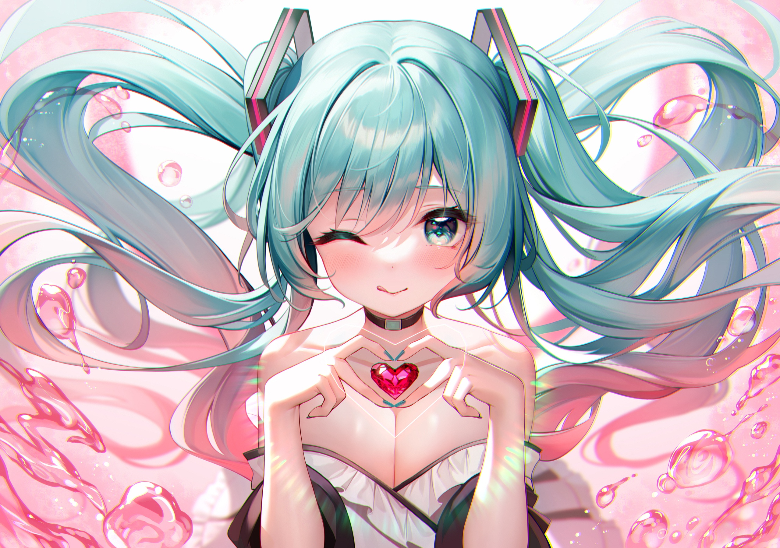 Hatsune Miku making a heart shape with her hands HD Wallpaper