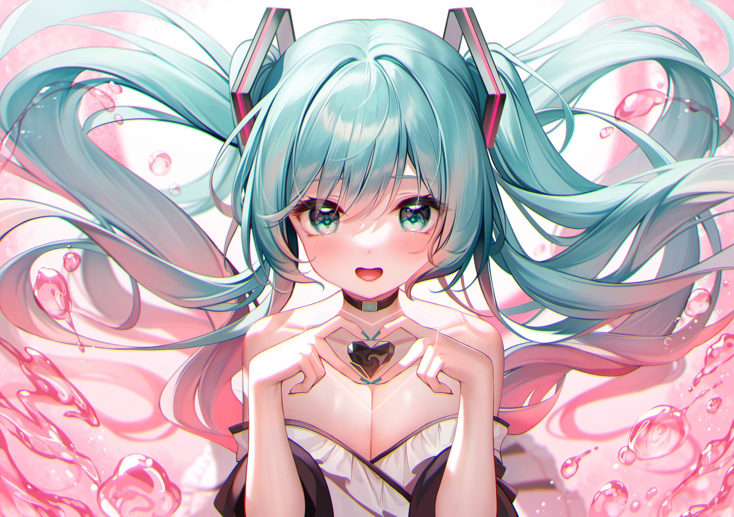 Hatsune Miku making a heart shape with her hands HD Wallpaper