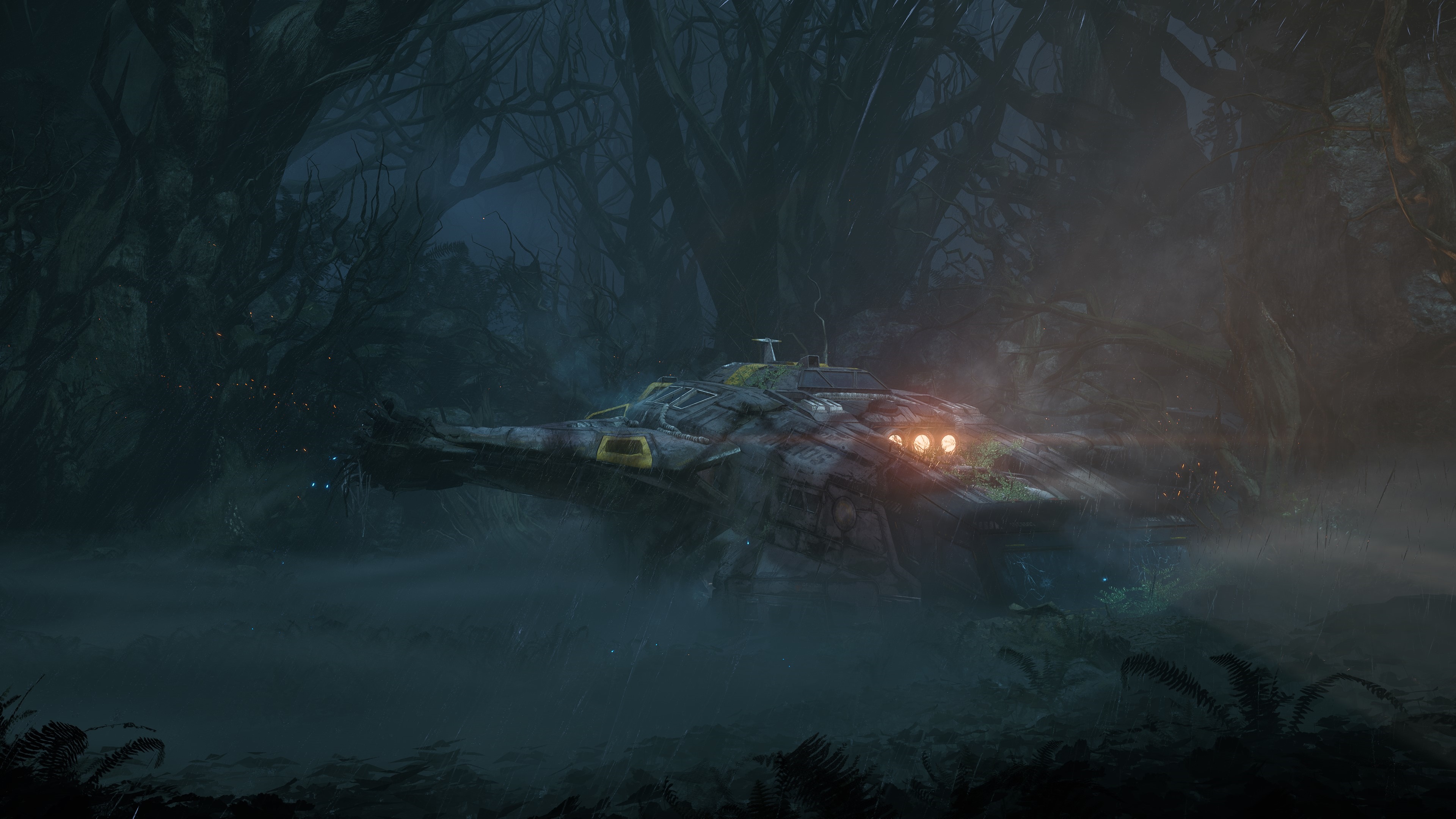 4K Returnal space shuttle in a dark forest HD Wallpaper
