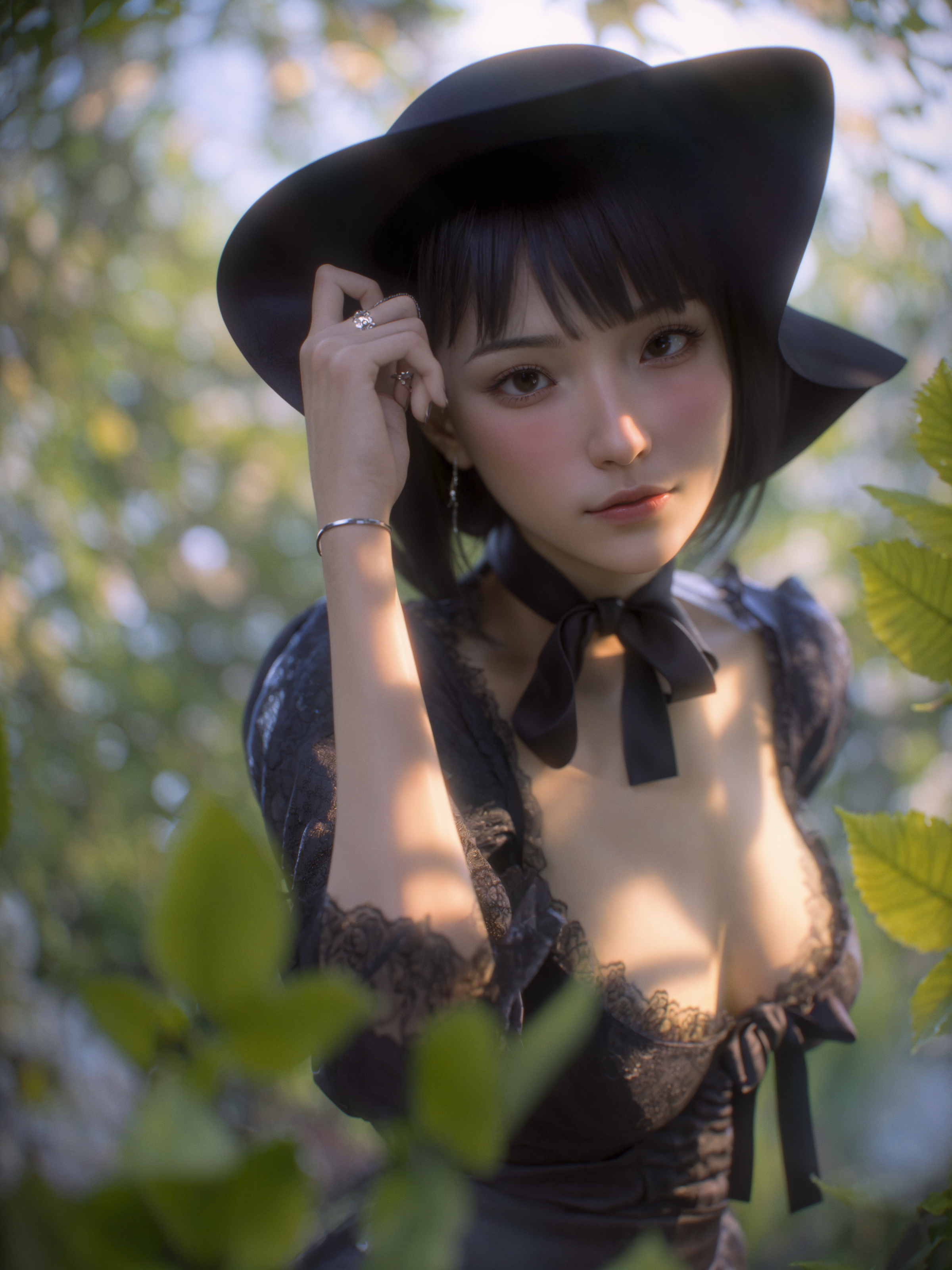 Asian woman in black lace dress and hat outdoors HD Phone Wallpaper