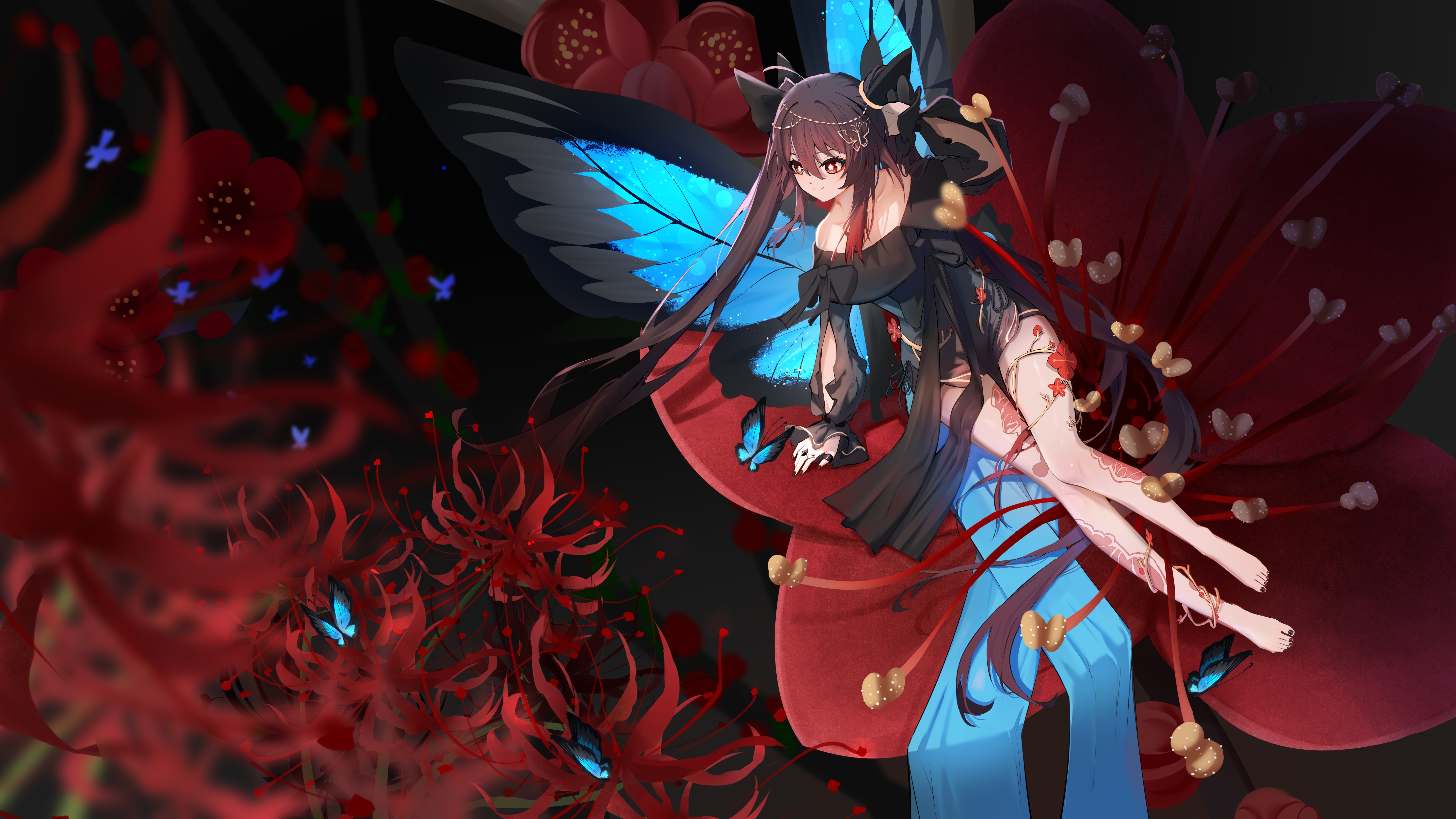Hu Tao with Butterfly Wings and Red Flowers HD Wallpaper