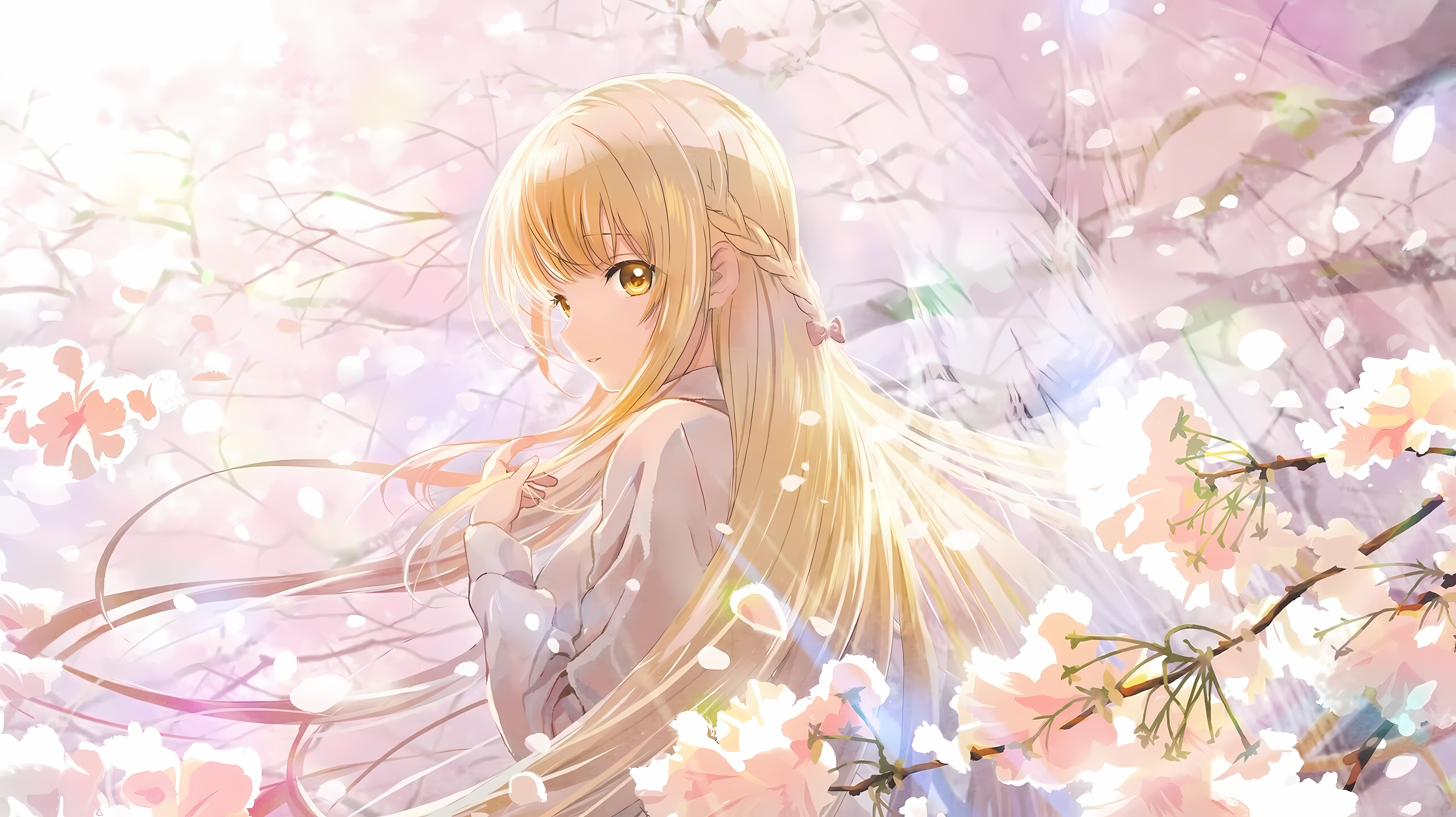 Shiina Mahiru surrounded by cherry blossoms HD Wallpaper