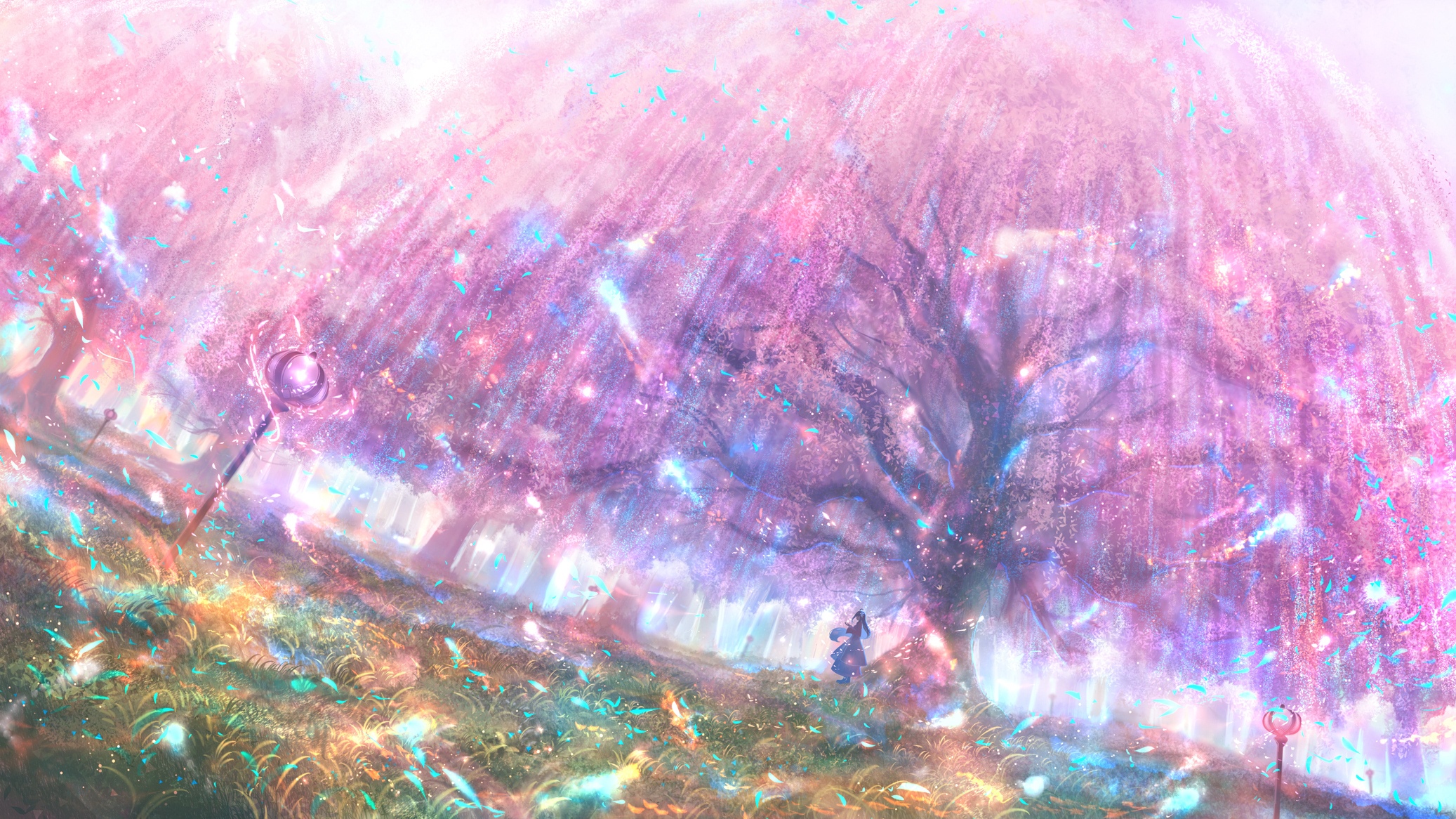 Magical cherry blossom forest with a girl HD Wallpaper